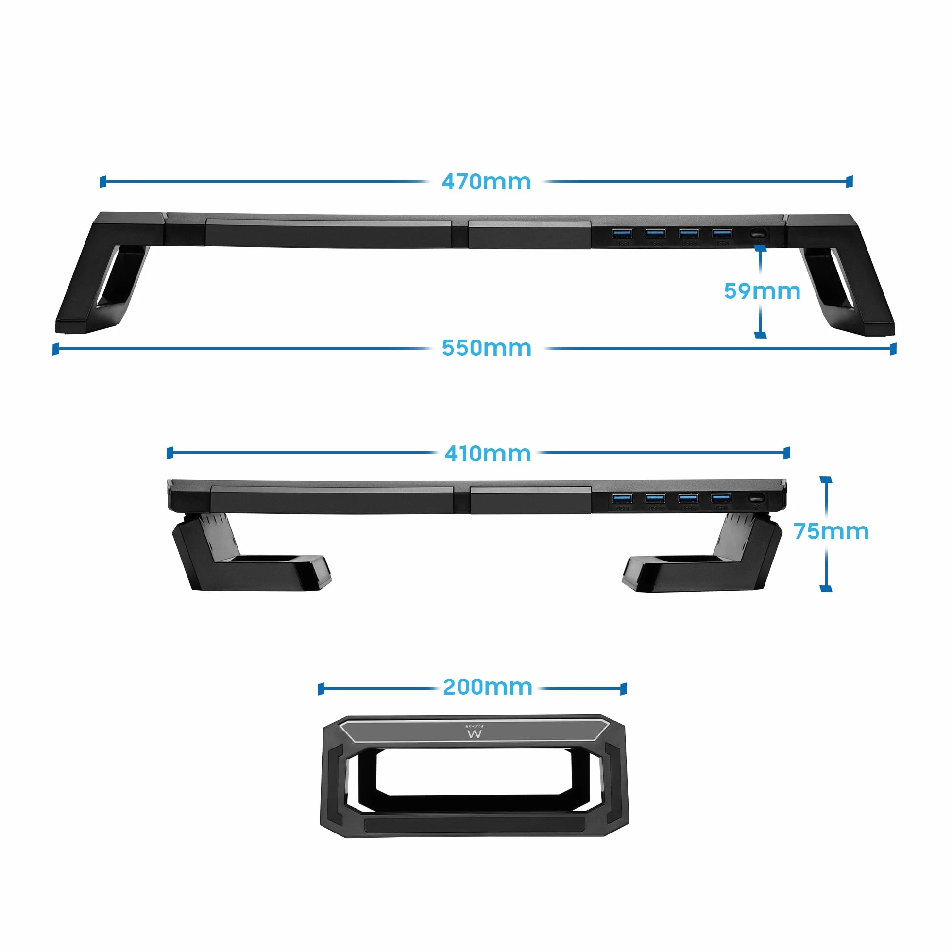 Ewent Stojak na monitor RGB regulowany z szufladą USB 3.2 Gen 1 czarny