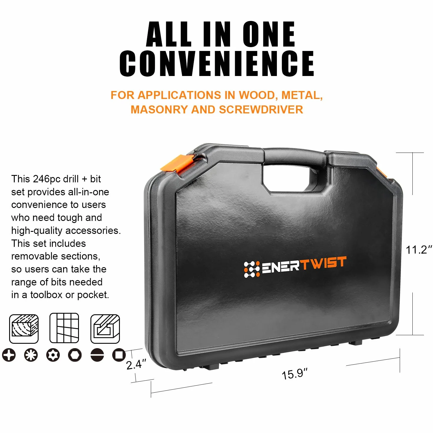 EnerTwist Drill Bit Set, 246-Pieces Drill Bits and Driver Set for Wood Metal Cement Drilling and Screw Driving, Full Combo Kit Assorted in Plastic Carrying Case, ET-DBA-246