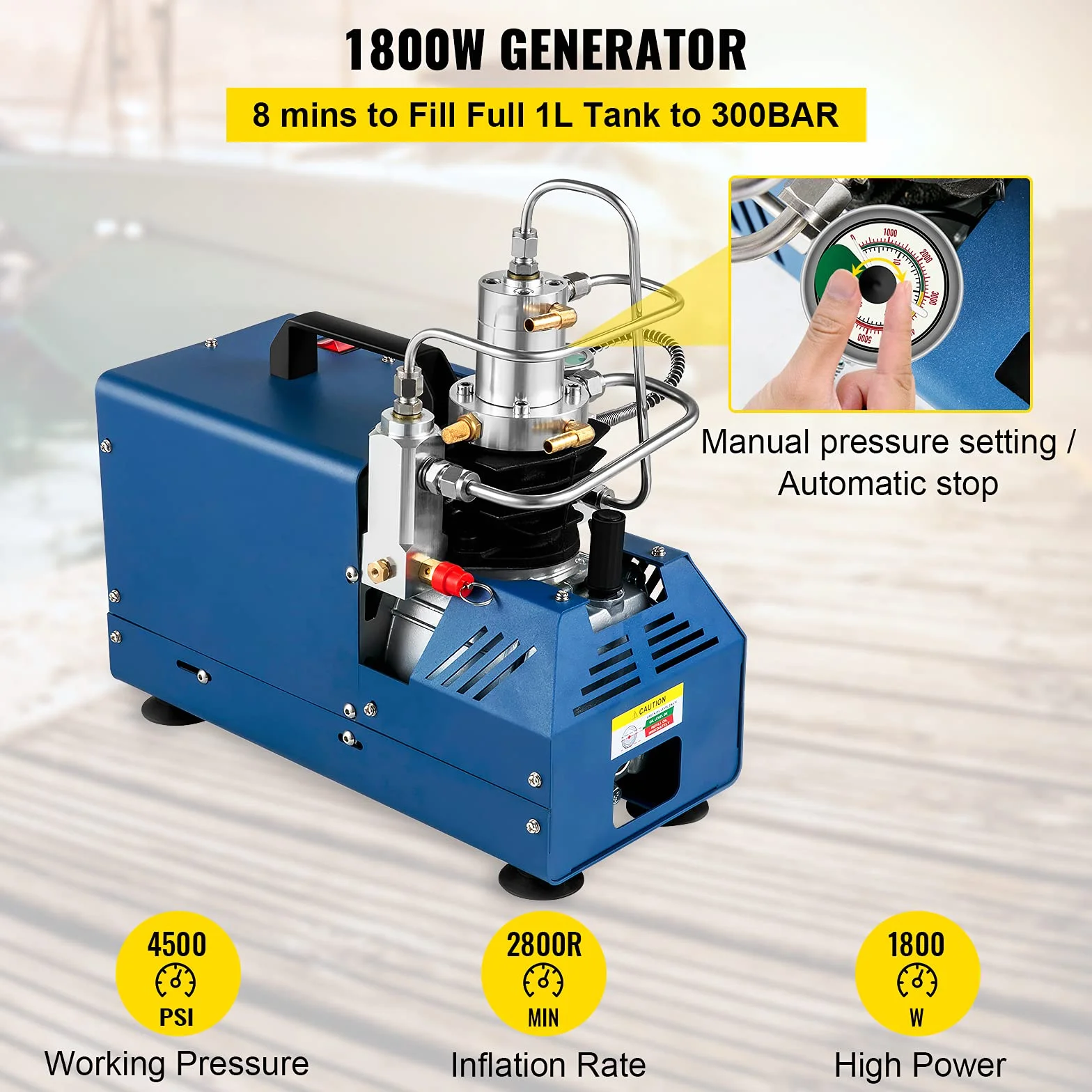VEVOR Elektryczna pompa PCP 300 bar 30 MPa 4500 PSI Wysokociśnieniowa sprężarka powietrza 1800W Pompa powietrza wysokociśnieniowego 37x18x40 cm Automatyczne wyłączanie, separator wody i oleju do
