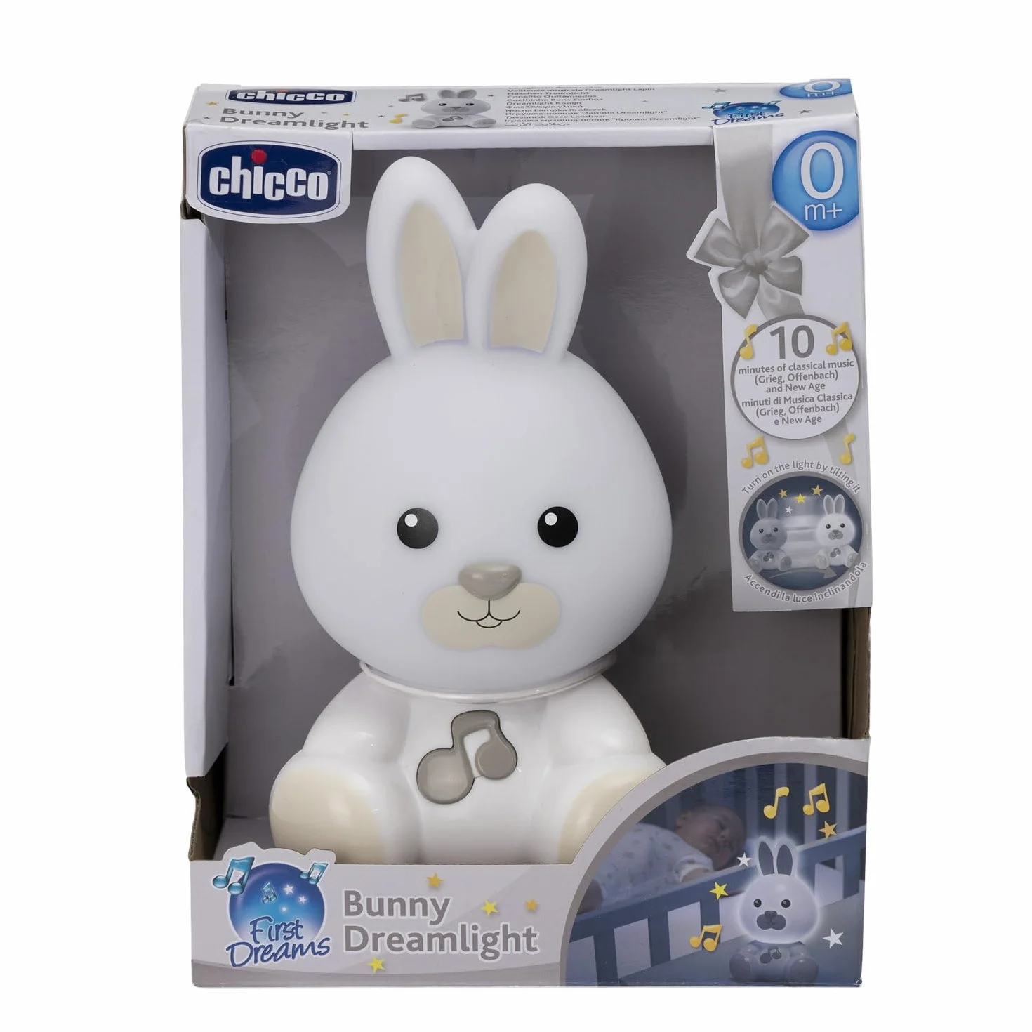 Chicco Lampka Nocna Króliczek, Przenośna Lampka Króliczek z Muzyką Klasyczną i Kojącymi Dźwiękami, Przenośna Lampka Nocna i Lampka Prowadząca, 0 miesięcy +, Neutralna