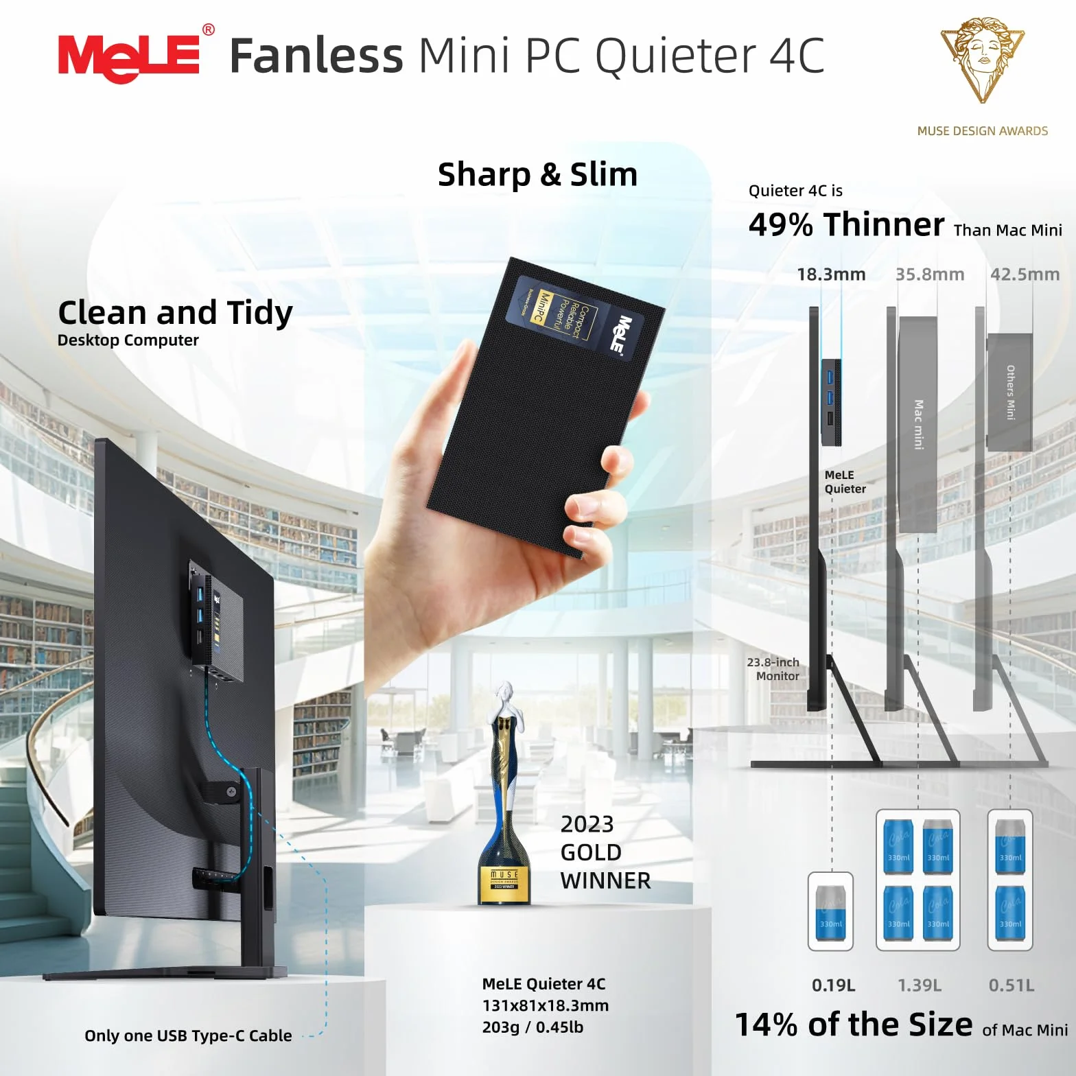 MeLE Quieter 4C N100 Mini PC, 16GB RAM 512GB SSD, Triple 4K Display, Wi-Fi 5, Gigabit LAN