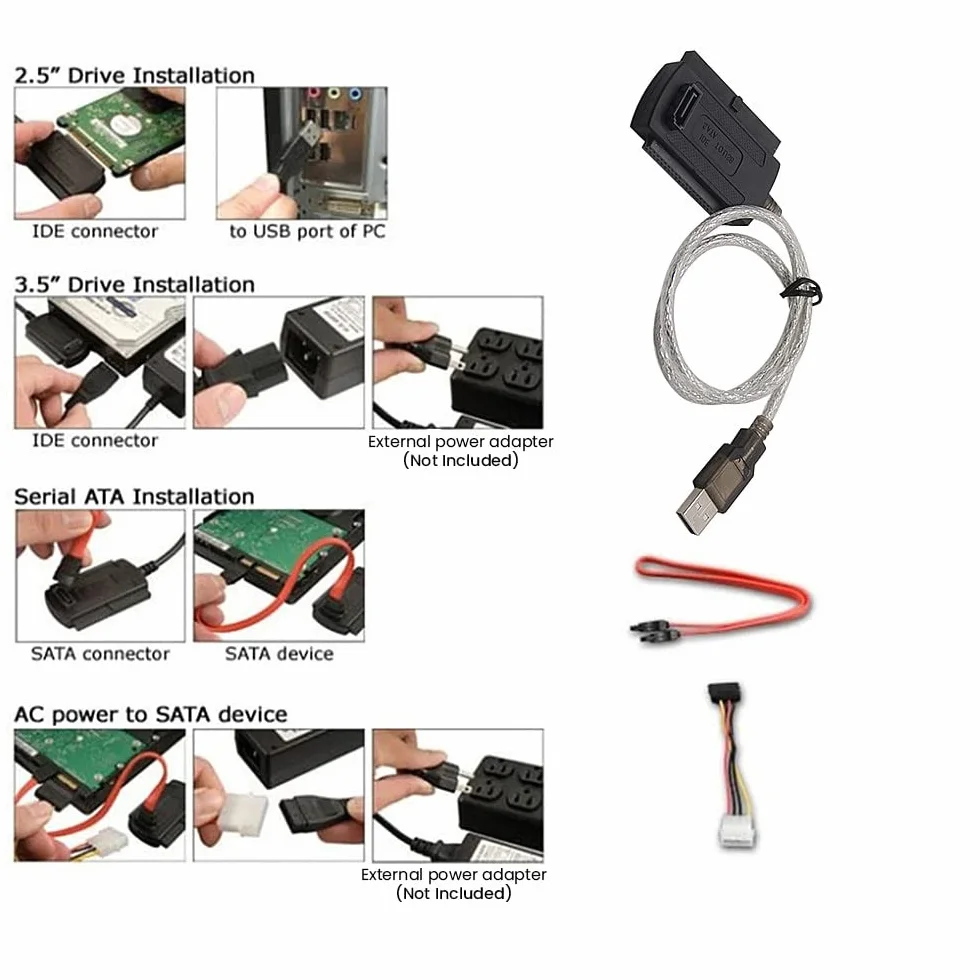 DIGIFLEX Kabel adaptera SATA IDE na USB do dysku twardego HDD - 2,5/3,5 - obsługuje dysk twardy SATA, dysk twardy 2,5 cala, dysk twardy 3,5 cala, CD-ROM, DVD-ROM, CD-RW, urządzenie COMBO, DVD-RW do