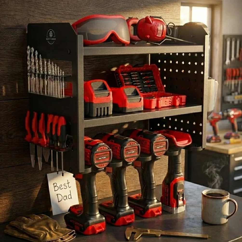 BUILTSTRONG Power Tool Organizer Wall Mount - 3-Tier Heavy-Duty Metal Hand Tool Storage Rack, Utility Racks, Drill Holder, PegBoard Side, & More - Garage Storage Cordless Tool Organizer (Black)