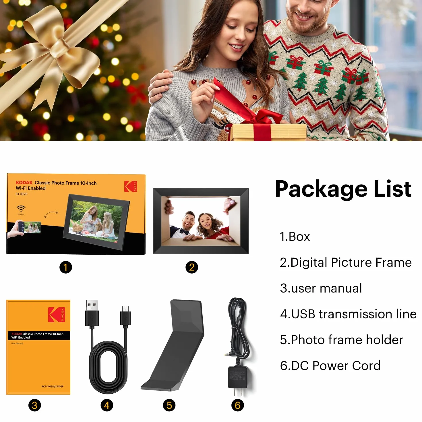 KODAK Cyfrowa ramka na zdjęcia Wi-Fi 10,1", ekran dotykowy HD IPS, elektroniczna ramka na zdjęcia z pamięcią 32 GB, automatyczne obracanie zdjęć, udostępnianie zdjęć lub filmów w dowolnym miejscu za
