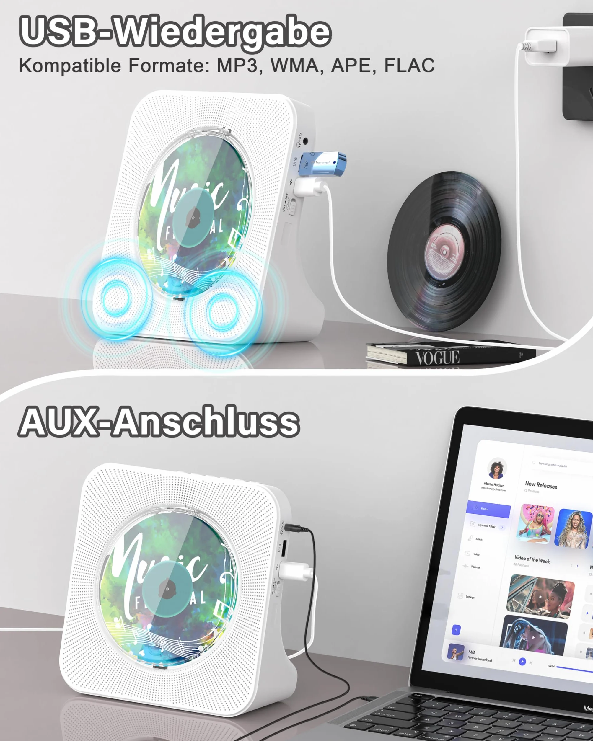 Przenośny odtwarzacz CD z Bluetooth 5.0, Greadio stacjonarny odtwarzacz CD do domu, odtwarzacz muzyczny CD z głośnikami, pilot zdalnego sterowania, osłona przeciwpyłowa, radio FM, wyświetlacz LCD, AUX