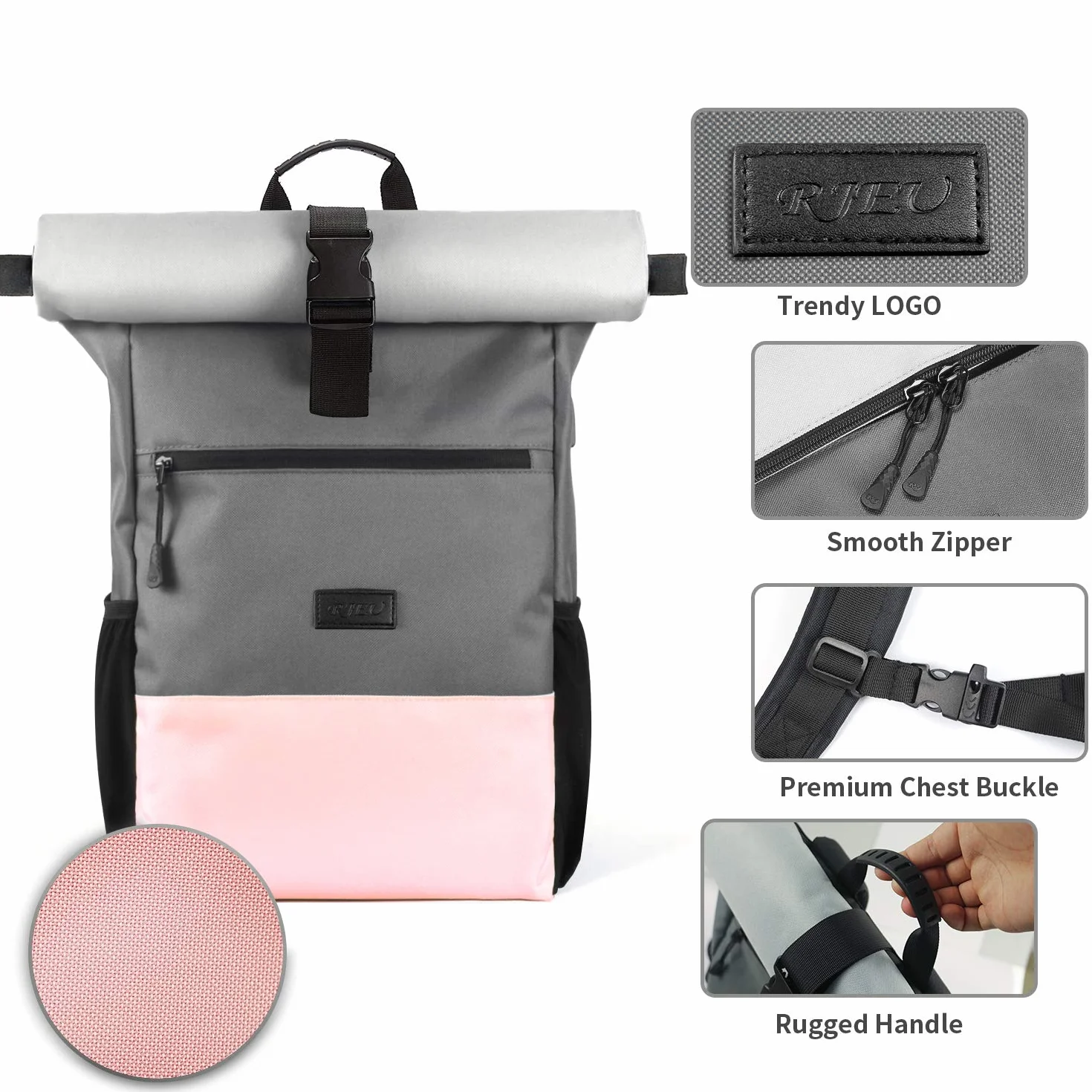 Plecak Rolltop Women na laptopa 17,3 cala z portem USB, szkolny, sportowy, różowy szary 26L