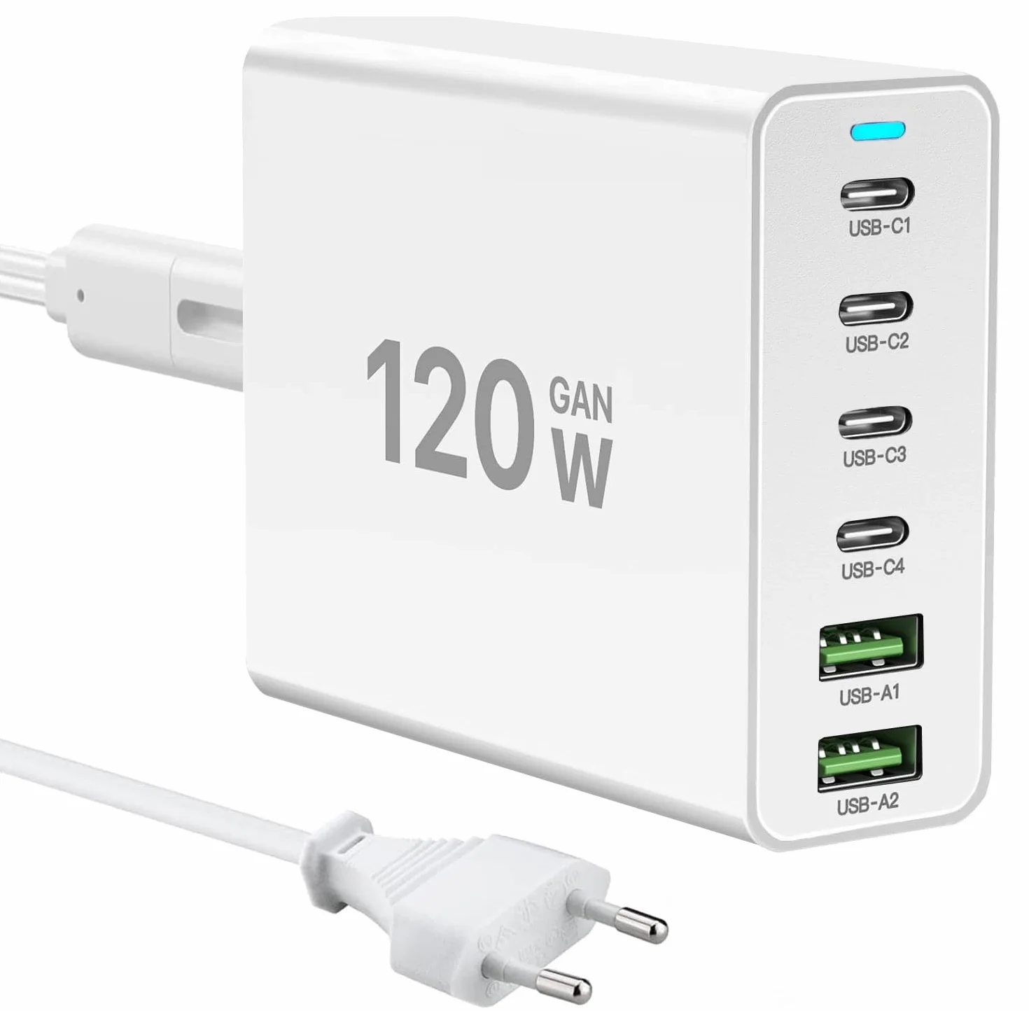 GaN 120W Ładowarka USB C 6-portowa Stacja Ładująca PD Biała