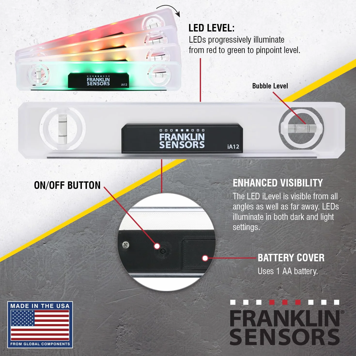 Franklin Sensors Poziom światła, zmienia kolor na zielony, gdy poziomujesz, cyfrowy/elektroniczny, magnetyczny niwelator torpedowy 30 cm, pionowe i poziome narzędzie poziomujące z 2 fiolkami