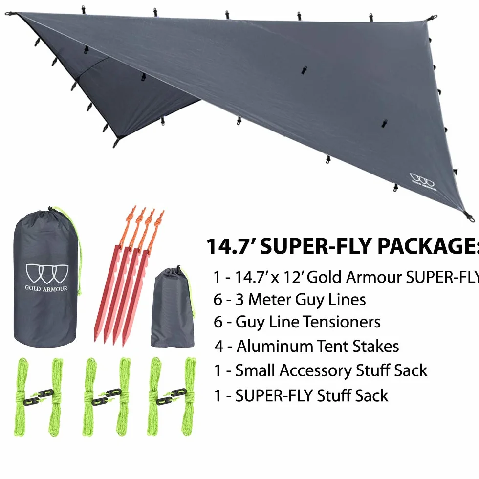 Gold Armour Rainfly Tarp do hamaka, wysokiej jakości osłona przeciwdeszczowa 4,5 m/ 3,5 m/ 3 m/ 2,5 m, wodoodporny, ultralekki sprzęt survivalowy i akcesoria do namiotu (szary, 4,5 × 3,5 m)