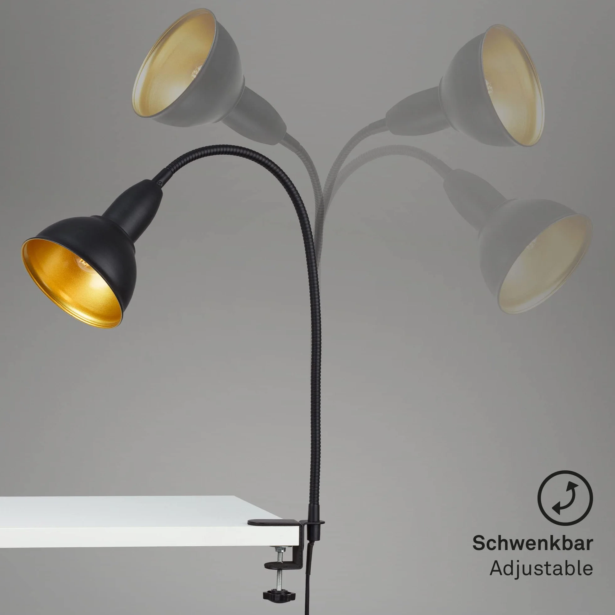 BRILONER Lampy – retro lampa zaciskowa, lampka do czytania w zestawie z elastycznym ramieniem, włącznik, 1 x E14, maks. 25 W, metal, czarno-złoty, 2603-015