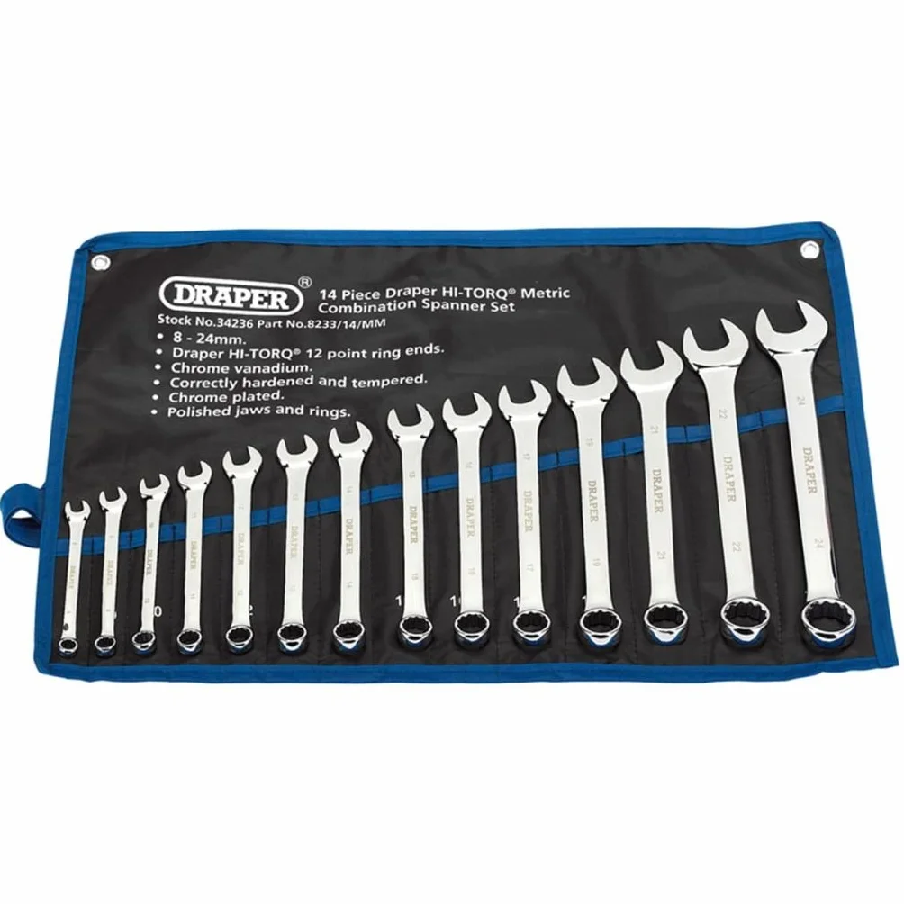 Draper 14-częściowy zestaw kluczy płasko-oczkowych HI-TORQ - 34236 - metryczny zestaw narzędzi chromowanych 8-24 mm