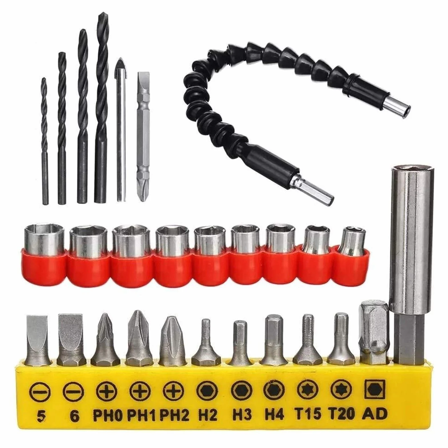 Akcesoria do elektronarzędzi, zestaw 28 wierteł, w tym 18 śrubokrętów, 9 wykrętaków do śrub, 1 wiertło z trzonkiem