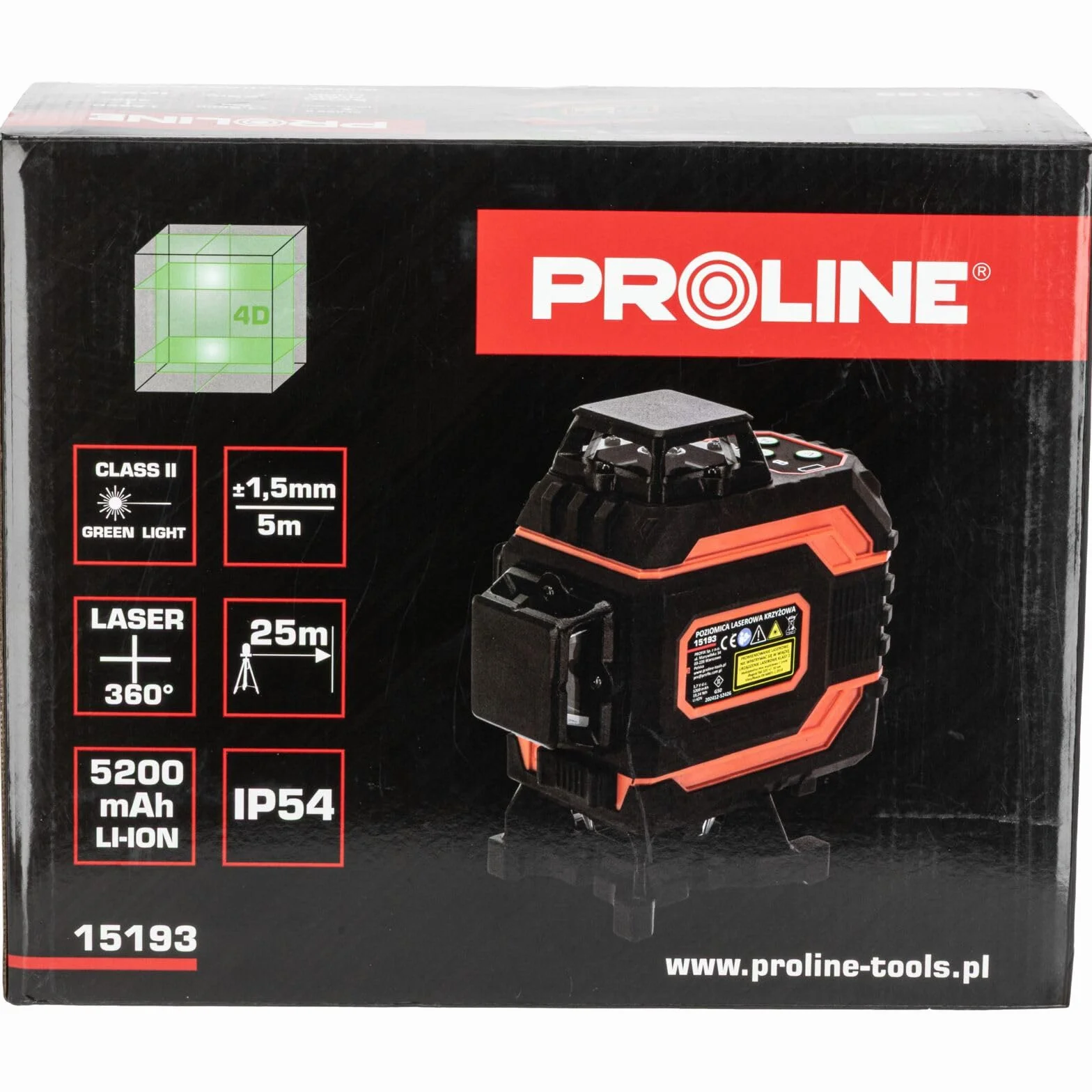 PROLINE Poziomnica laserowa 15193 25 m zielona 4D, 1.5 mm/5 m, IP54, CE, Li-Ion