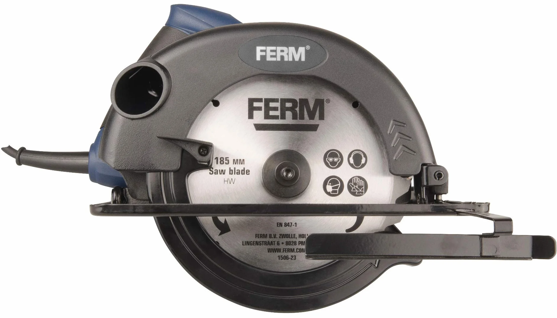 FERM Piła tarczowa 1200 W – 185 mm blokada wrzeciona – regulowana podstawa (45 i 90 stopni) – w zestawie brzeszczot piły TCT i prowadnica równoległa