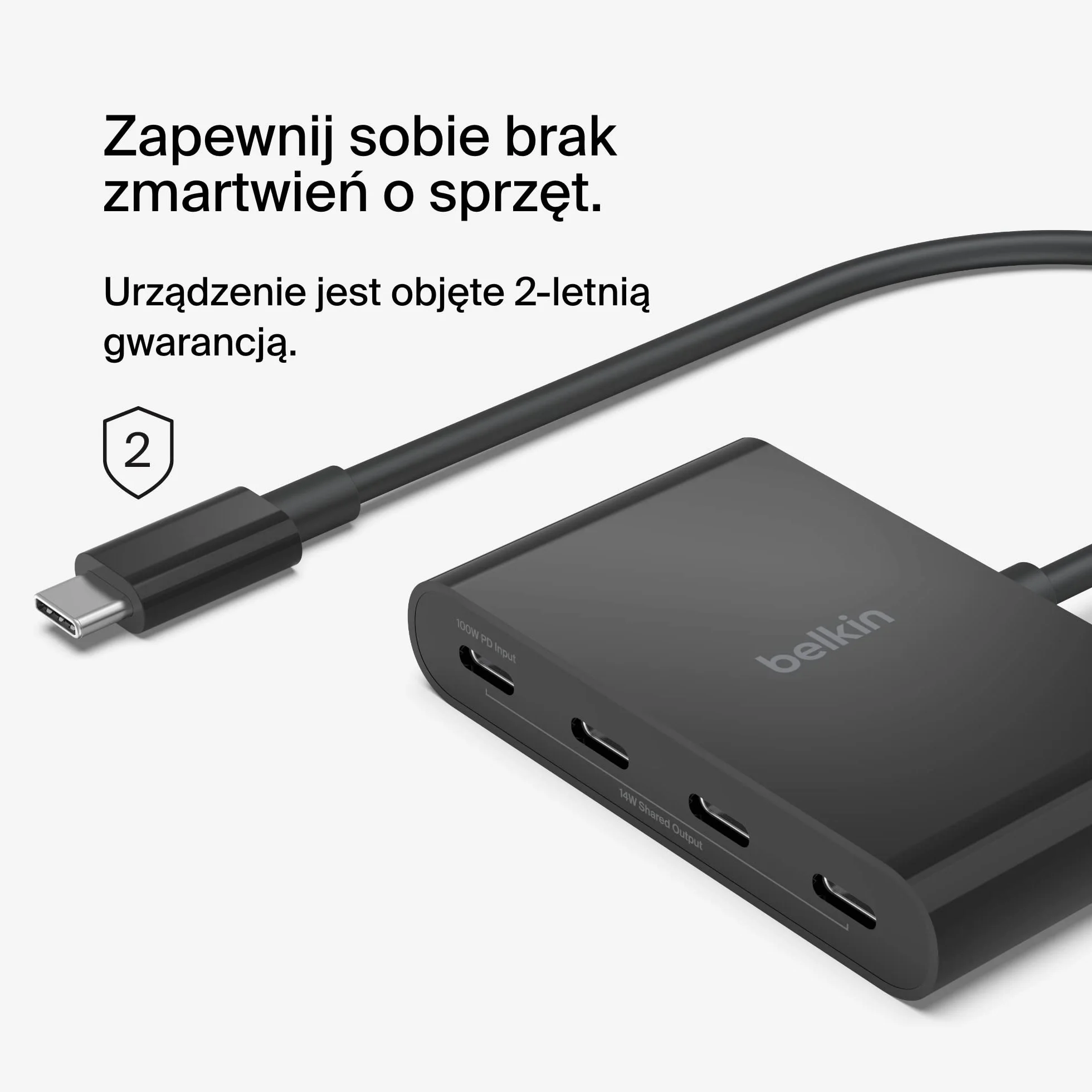 Belkin Hub USB-C, wieloportowy adapter Dongle z 4 portami USB-C 3.2 Gen 2 i PD 100 W, maksymalna prędkość transferu danych 10 Gb/s, do urządzeń MacBook, iPad, Chromebook, PC i innych, czarny
