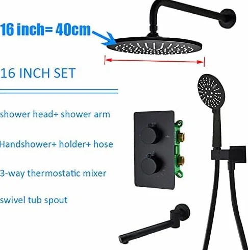 Czarny Termostatyczny Zestaw Baterii Wannowo-Prysznicowych Z Wbudowanym Termostatem, Obrotowa Wylewka Wannowa, Bateria Prysznicowa Do Łazienki,12 Inch Set-A
