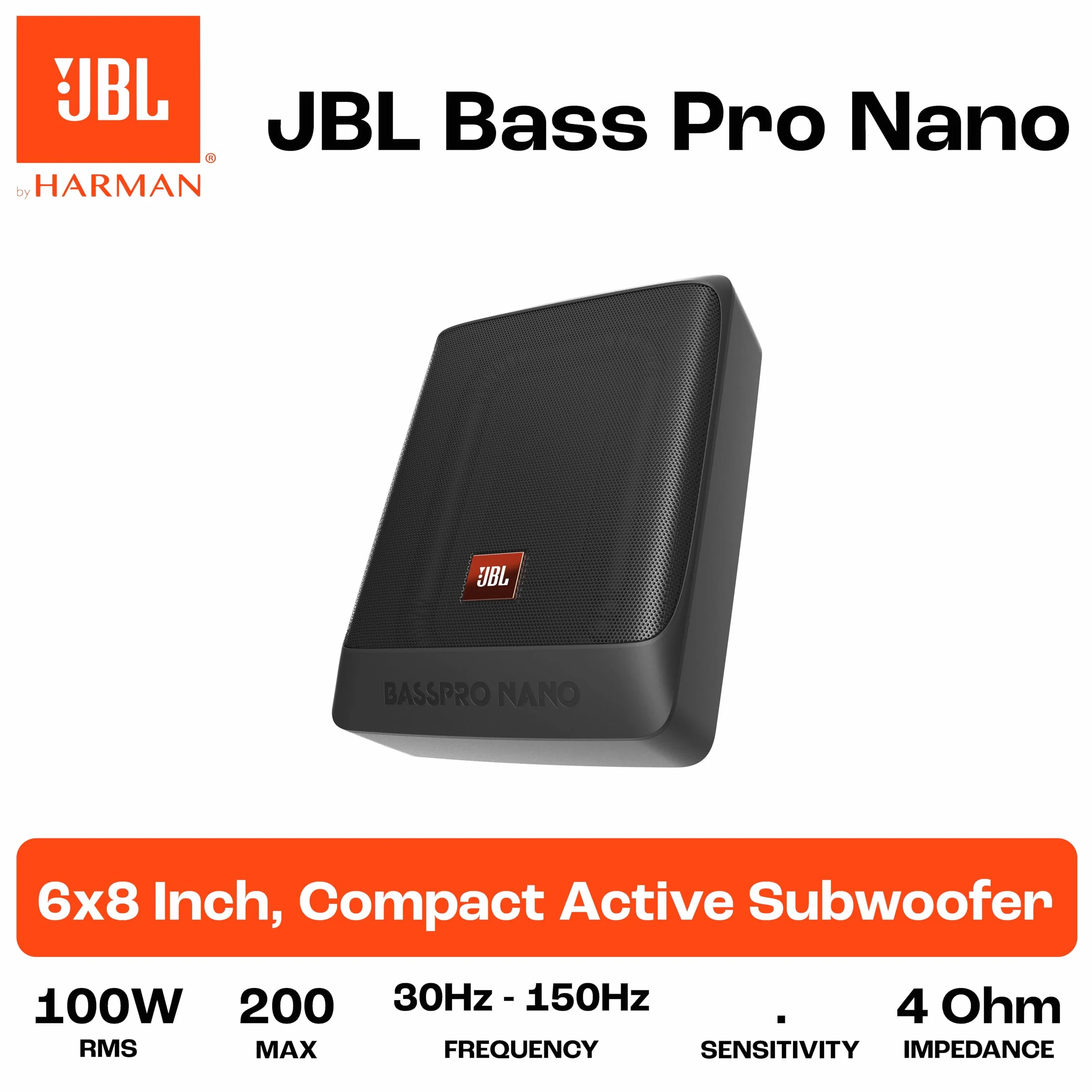 JBL BassPro Nano ultra kompaktowy, aktywny subwoofer pod siedzenie, zestaw do samochodu, 15 x 20 cm, 200 W,
