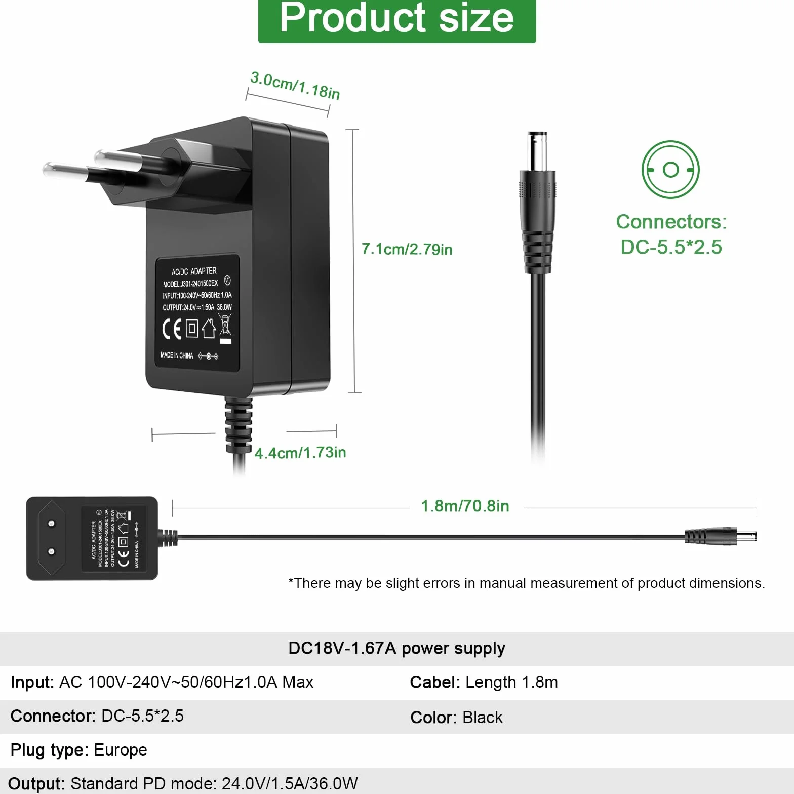 Zasilacz sieciowy 24 V, 1,5 A, 100~240 V, DC 24 V, 1,5 A, 24 VDC, 1500 mA, 1000 mA, 800 mA, 600 mA, 400 mA, 200 mA, adapter do taśm LED, kamer monitoringowych