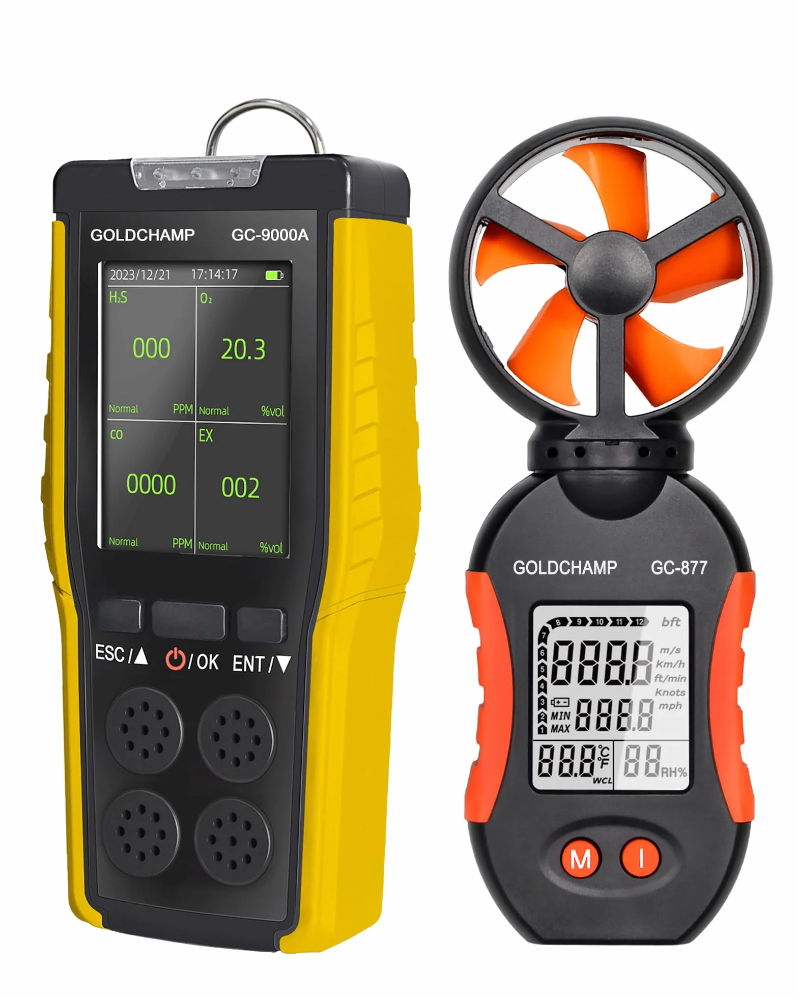 Detektor gazu 4 w 1 do palnych/O2/H2S/CO, alarmu dźwiękowego/świetlnego/wibracyjnego i wyświetlacza LCD, detektorów wycieku gazu do domu + anemometru ręcznego, 5 jednostek i przełącznik ℃/℉, miernik