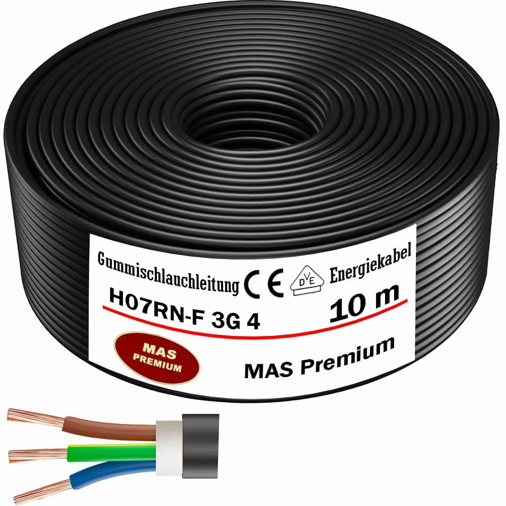 Przewód gumowy od 5 do 100 m, kabel zasilający na plac budowy H07RN-F 3G4 mm², elastyczny przewód z przewodem ochronnym do ciężkich urządzeń (10 m)