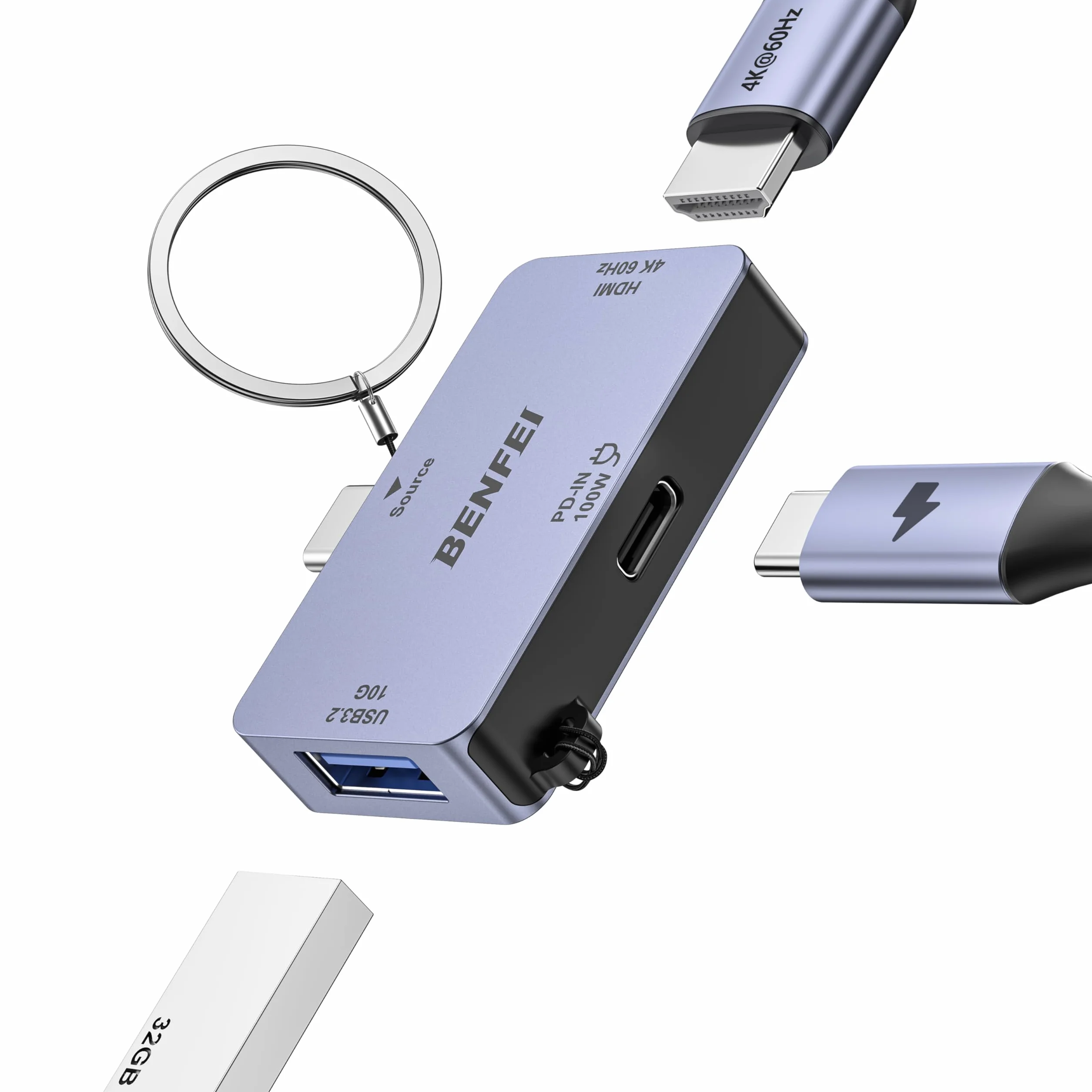 BENFEI USB C Hub 3 w 1 USB-C na HDMI 4K@60Hz 10 Gb/s USB-A 100 W Kompatybilny z iPadem Pro MacBookiem Pro/Air iMac iPhone 16/15 Pro/Pro Max XPS Thinkpad