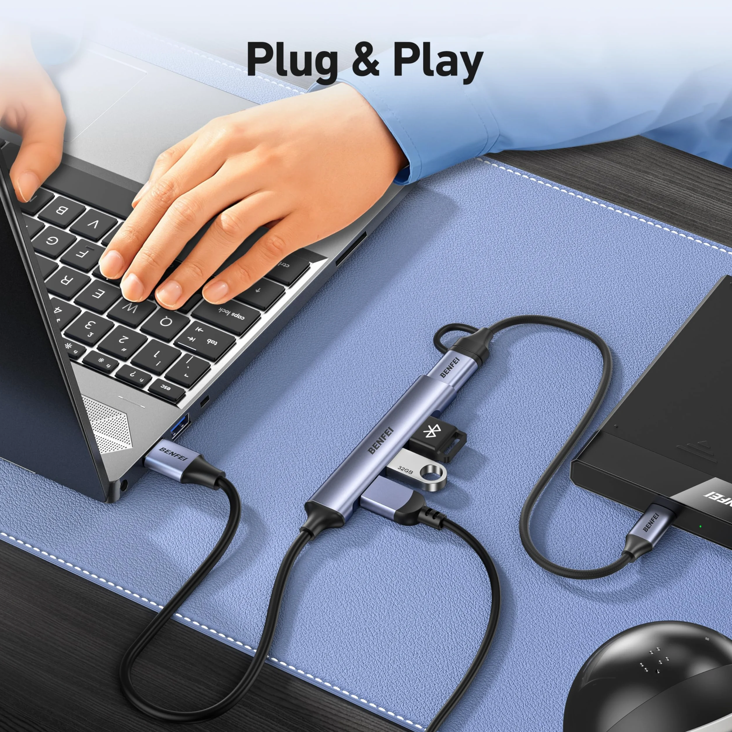 BENFEI 4-portowy hub USB: 1 x 10 Gb/s USB 3.2 + 3 x USB 2.0 - do myszy, klawiatury, pendrive'a, drukarki - kompatybilny z laptopem, PC, Xbox, PS5