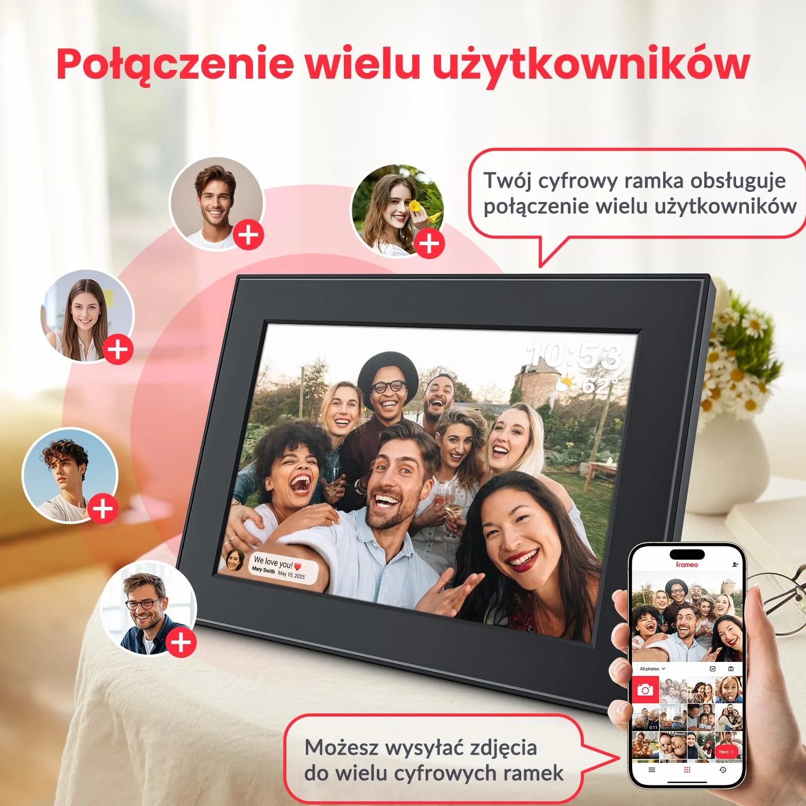 FRAMEO cyfrowa ramka na zdjęcia 32 GB, ekran dotykowy IPS 10,1", inteligentna cyfrowa ramka na zdjęcia, łatwa konfiguracja do udostępniania zdjęć lub filmów za pomocą