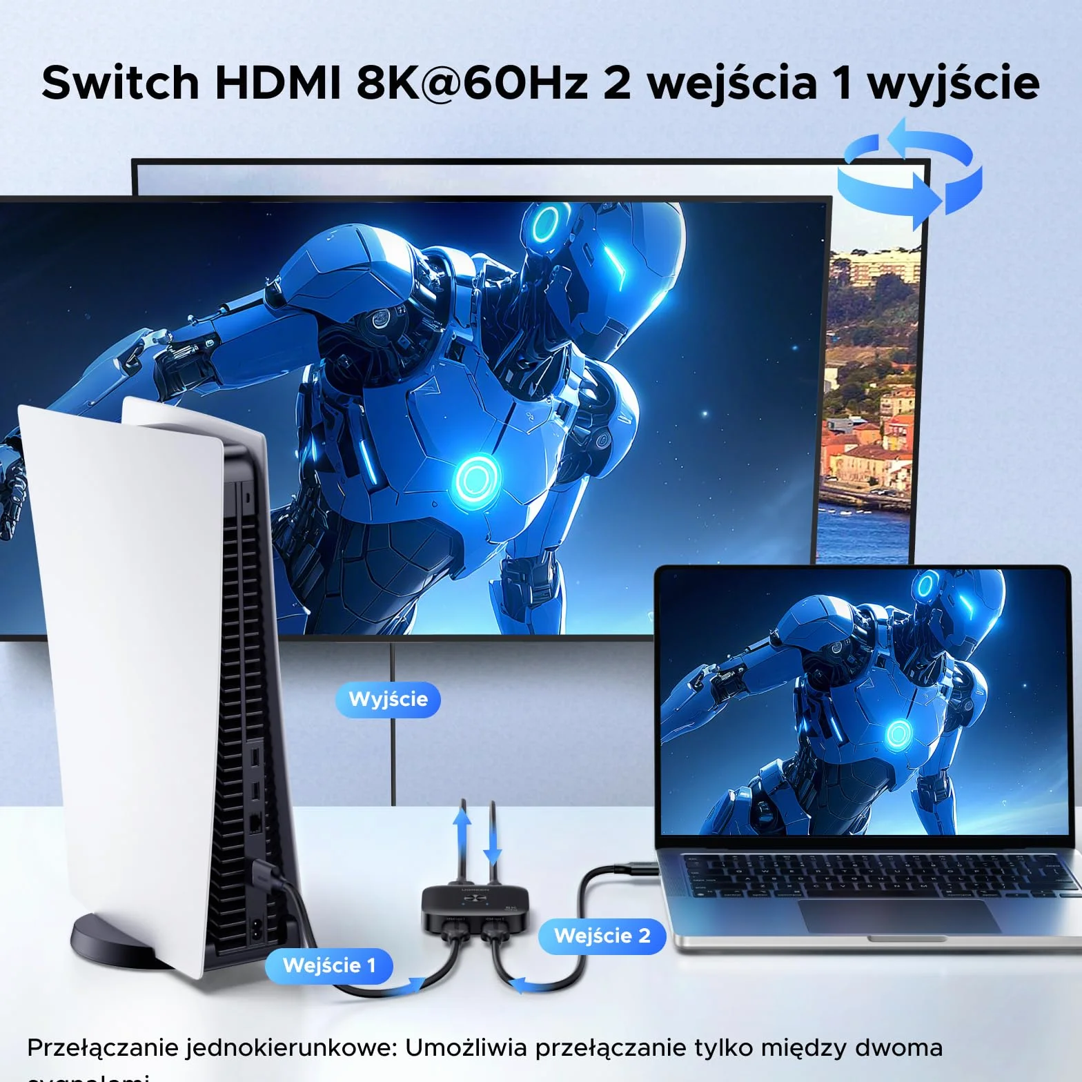 UGREEN HDMI Switch 2 In 1 Out 8K60Hz 4K240Hz 120Hz Przełącznik do PC PS5 Xbox