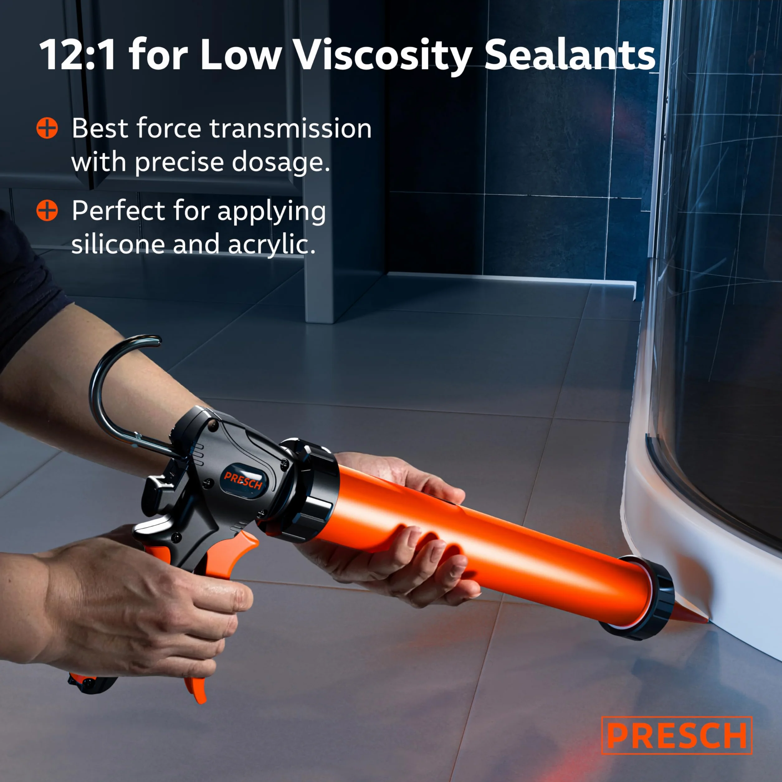 Presch Wyciskacz do folii 600 ml z 2 dyszami – Przełączane przełożenia 24:1 i 12:1 do wszystkich uszczelniaczy i klejów (akryl, silikon, PU) – Obrotowy cylinder 360° z antypoślizgowym uchwytem