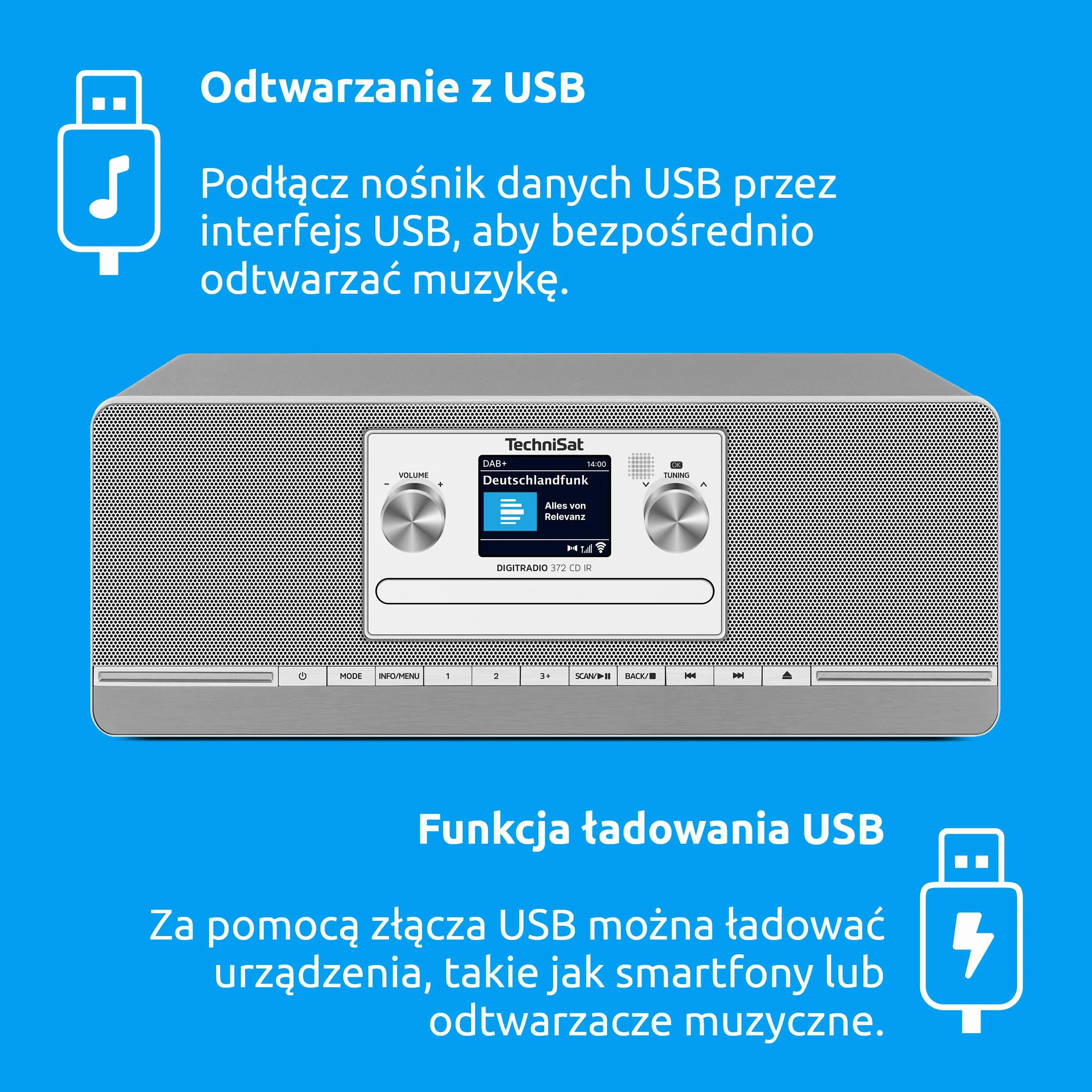 TechniSat DIGITRADIO 372 CD IR – stereofoniczne radio internetowe z DAB+, FM, odtwarzaczem CD, Wi-Fi, Bluetooth, kolorowym wyświetlaczem, USB, AUX, wyjściem słuchawkowym, 10 W, aplikacją, pilotem