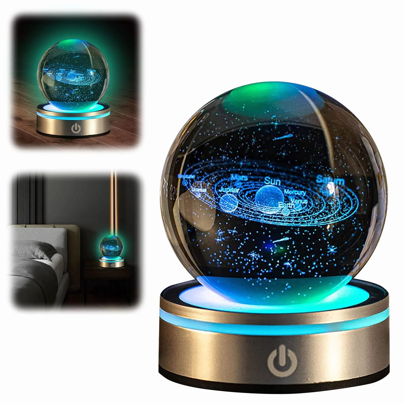Kryształowa kula 3D, kryształowa kula 3D, światło nocne, układ słoneczny 3D, kryształowa kula z diodami LED, kolorowa lampka nocna, podstawa, kabel USB do transmisji danych, astronomia, prezent