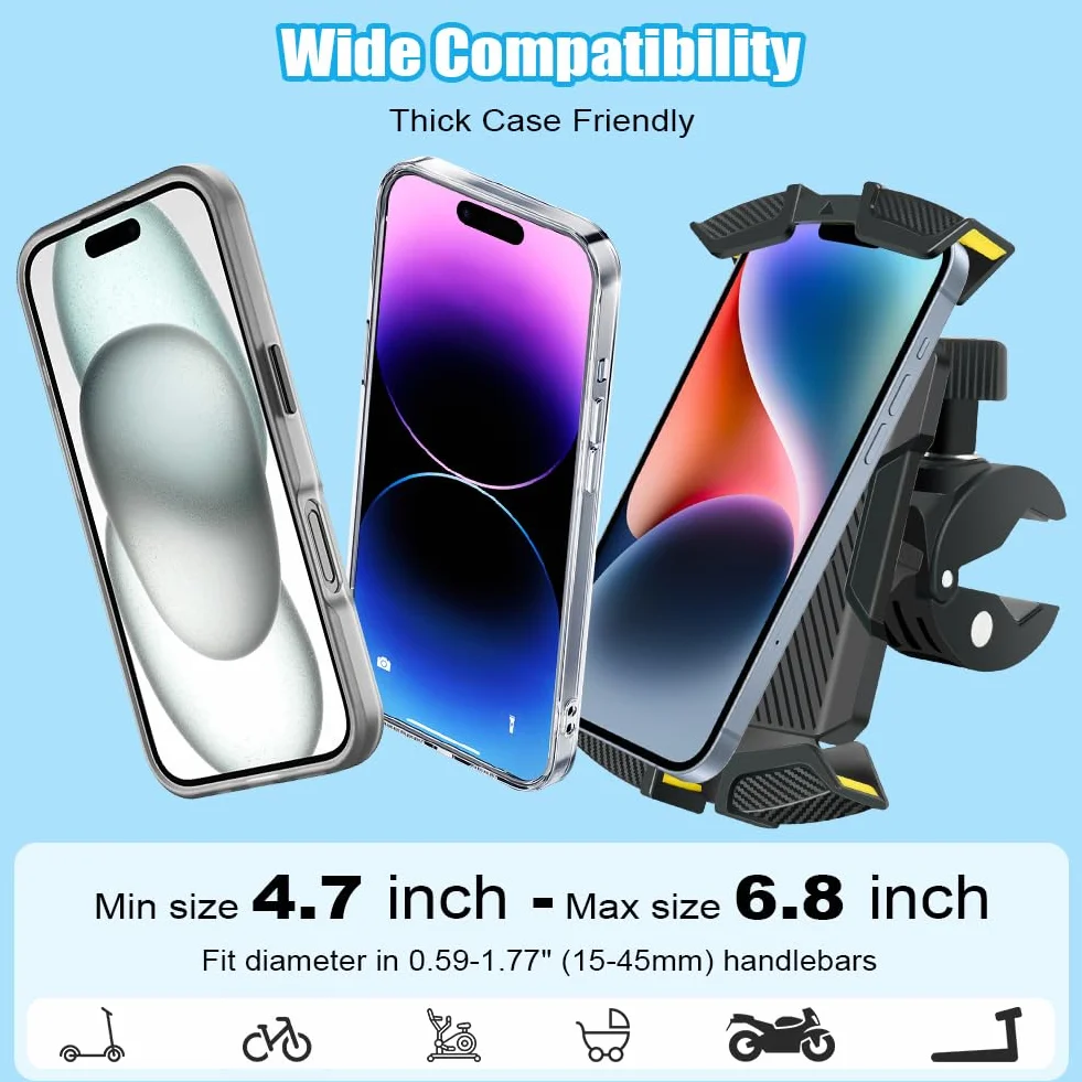 URAQT Rowerowy uchwyt na telefon, automatyczne blokowanie, wojskowy uchwyt motocyklowy zapobiegający wstrząsom, obracany o 360°, do iPhone 15, Samsung S24 i innych