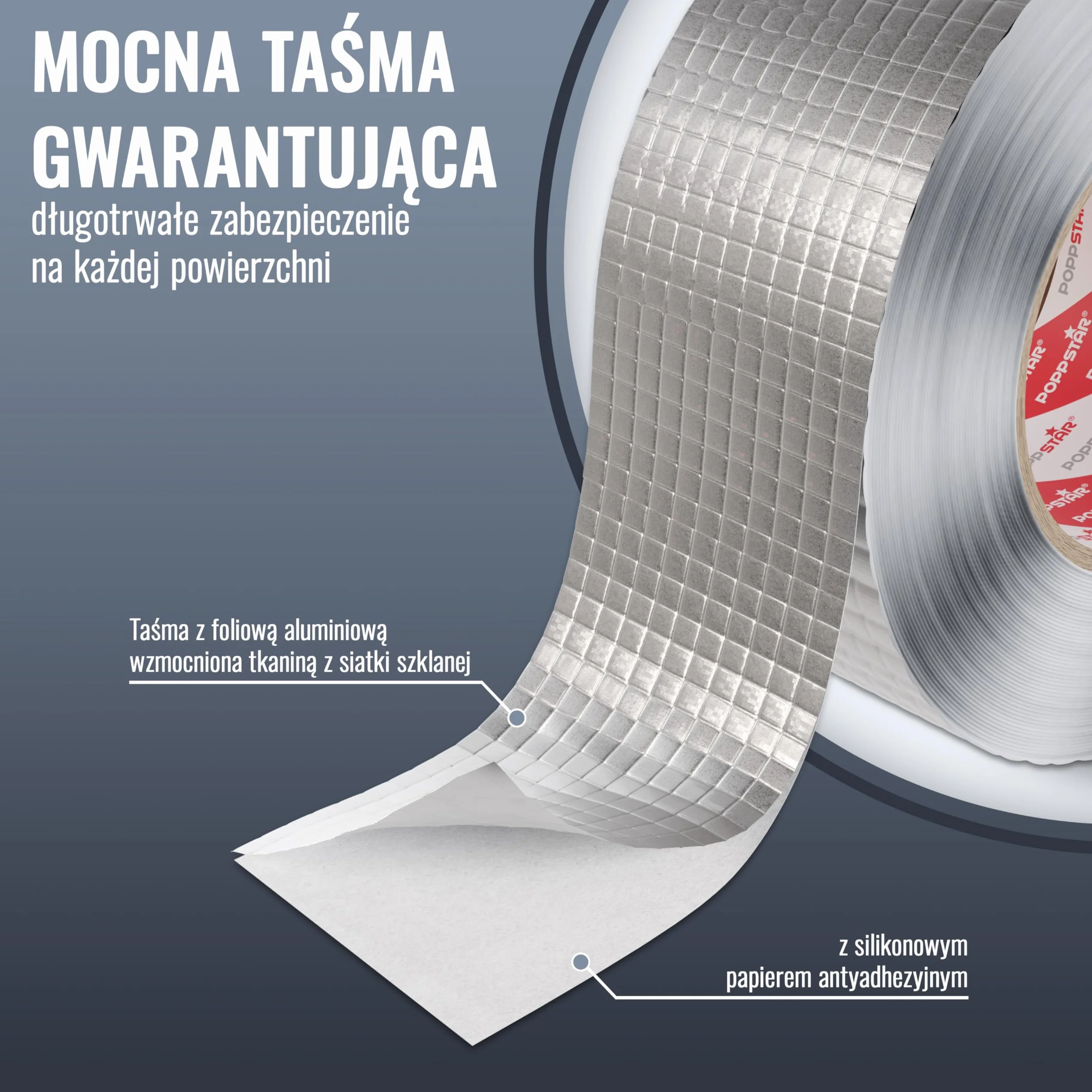 Poppstar aluminiowa taśma klejąca, wzmocniona siatką do rur i izolacji (50 m x 48 mm) odporna na wysokie temperatury i parę, taśma aluminiowa 48mm samoprzylepna