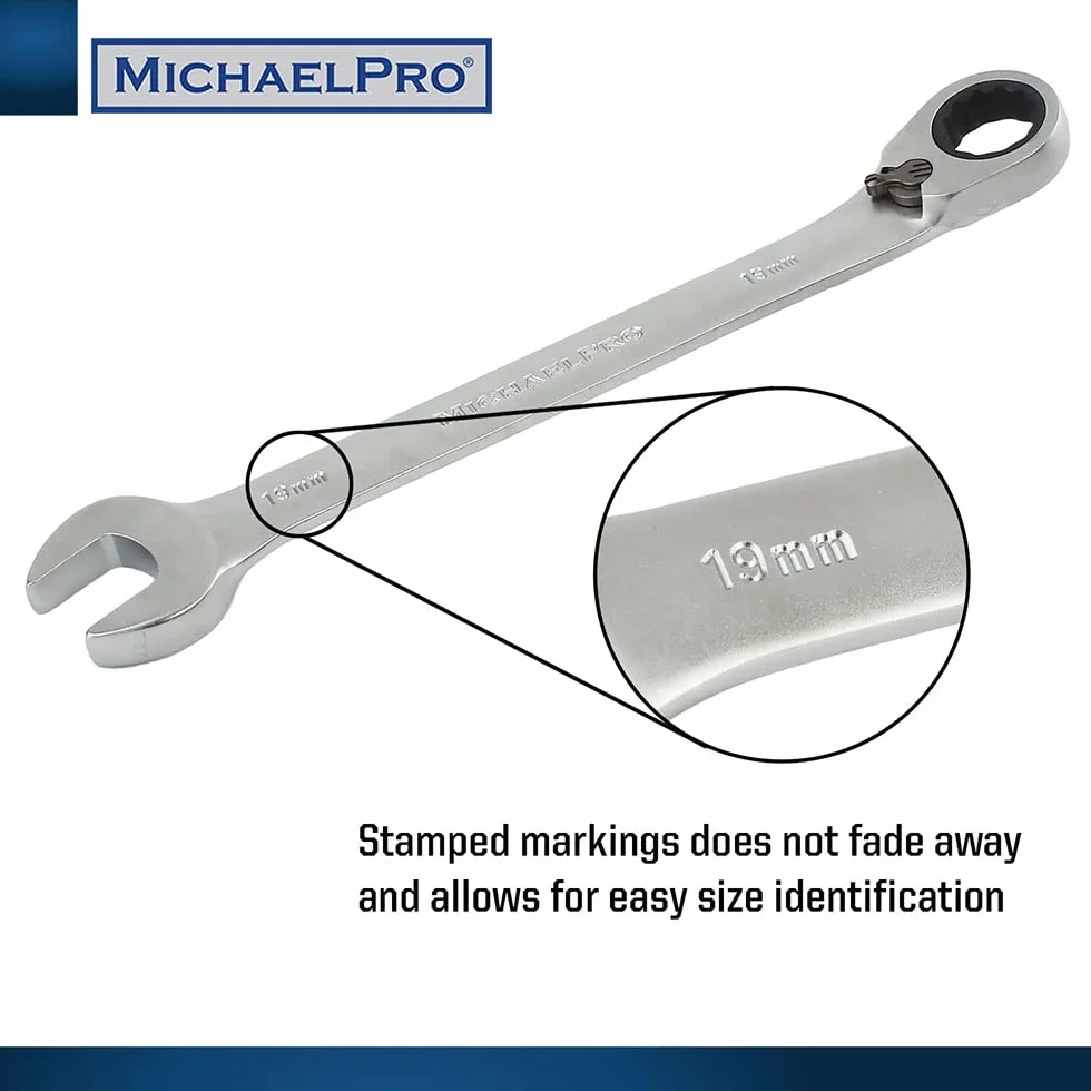MichaelPro MP001139 zestaw kluczy płasko-oczkowych z przełączaną grzechotką, metryczny, 6-częściowy, 8,10,12,13,17,19 mm, klucz płaski z zwijaną torbą