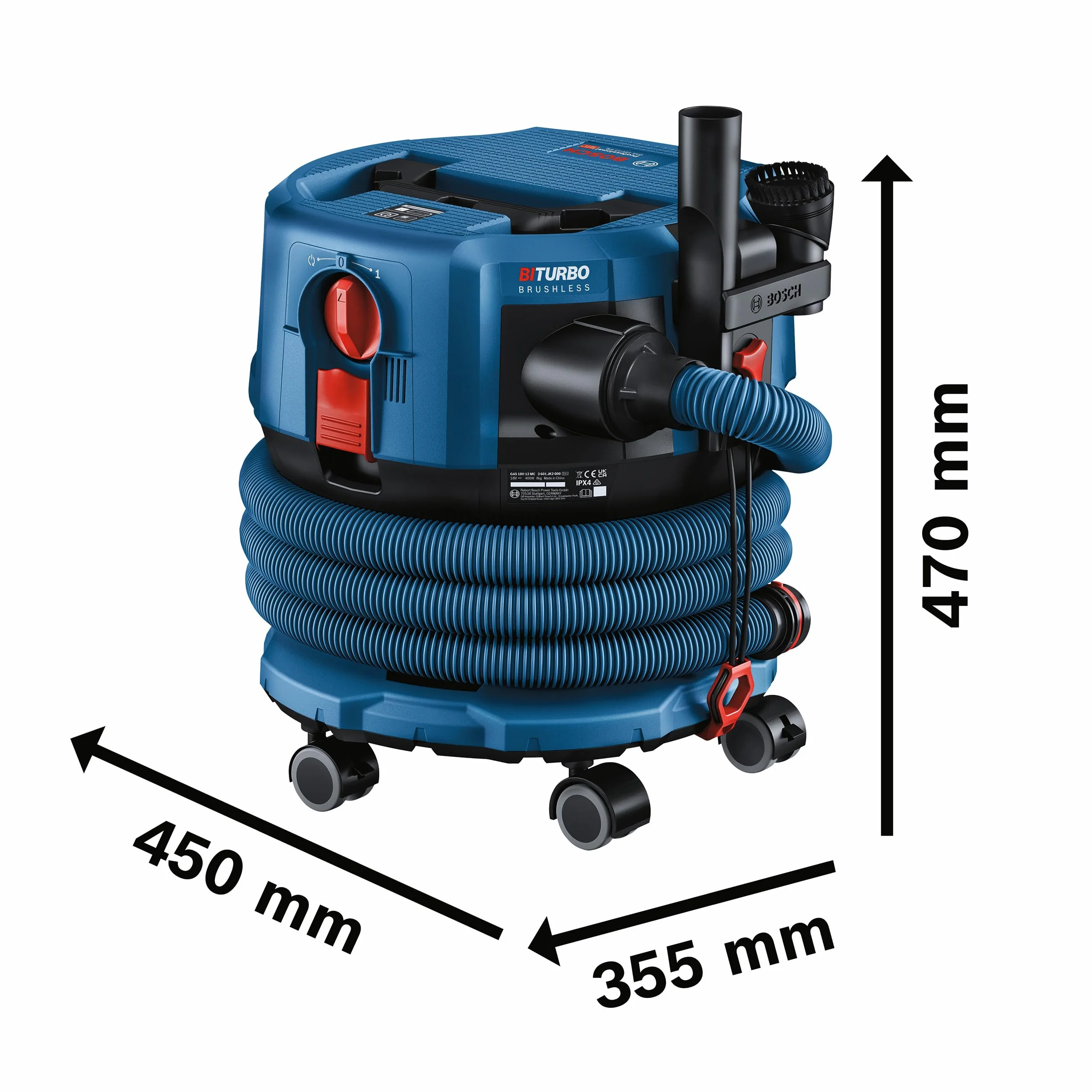 Bosch Professional System 18 V bezprzewodowy odpylacz GAS 18V-12 MC (ochrona przed kurzem klasy M, filtr HEPA, w tym GCT 30-42, 3 x elastyczna gumka, wiele akcesoriów)