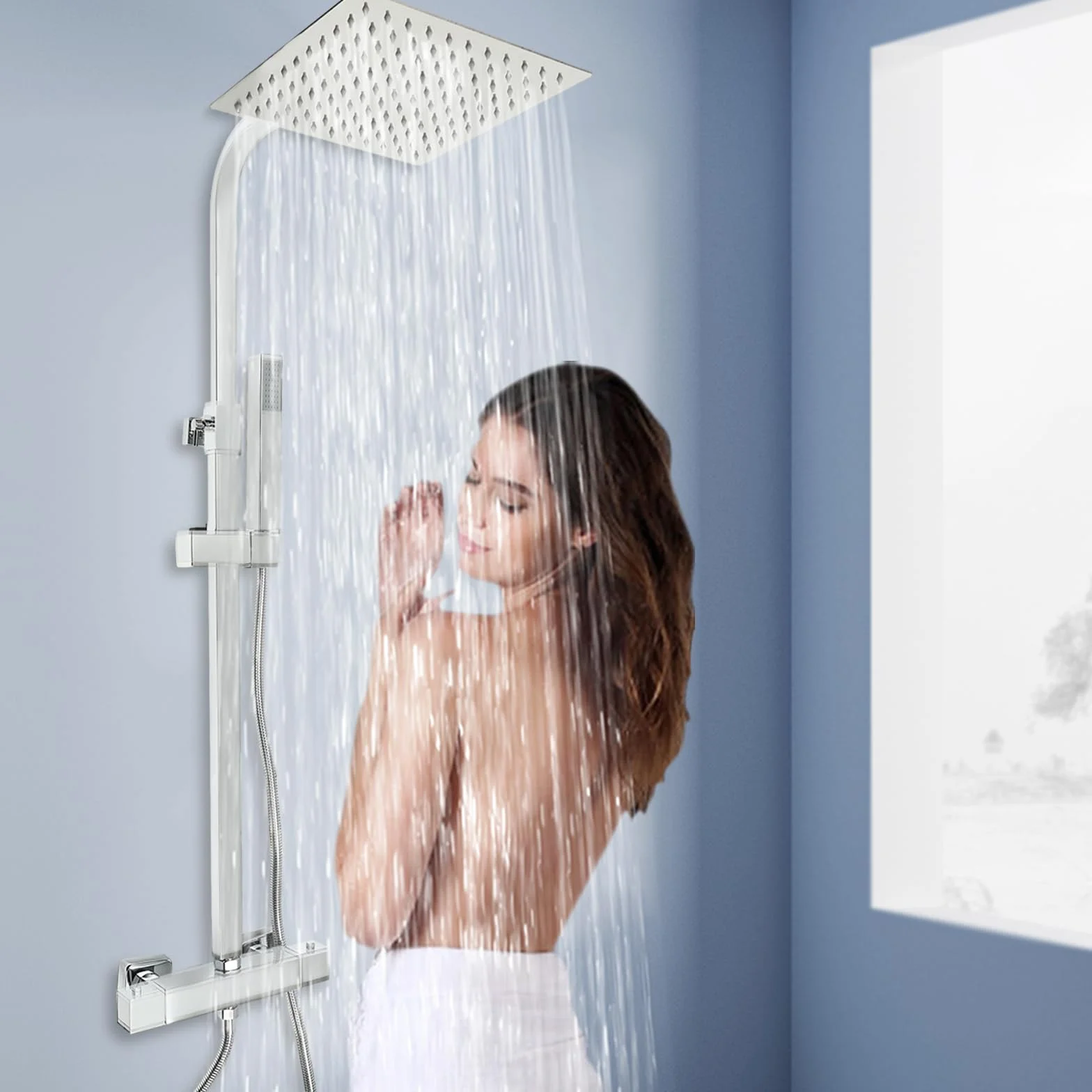 Silbrig system prysznicowy z termostatem, deszczownica z armaturą, zestaw prysznicowy kwadratowy z obracanym o 360° strumieniem górnym, do domów, hoteli, mieszkań
