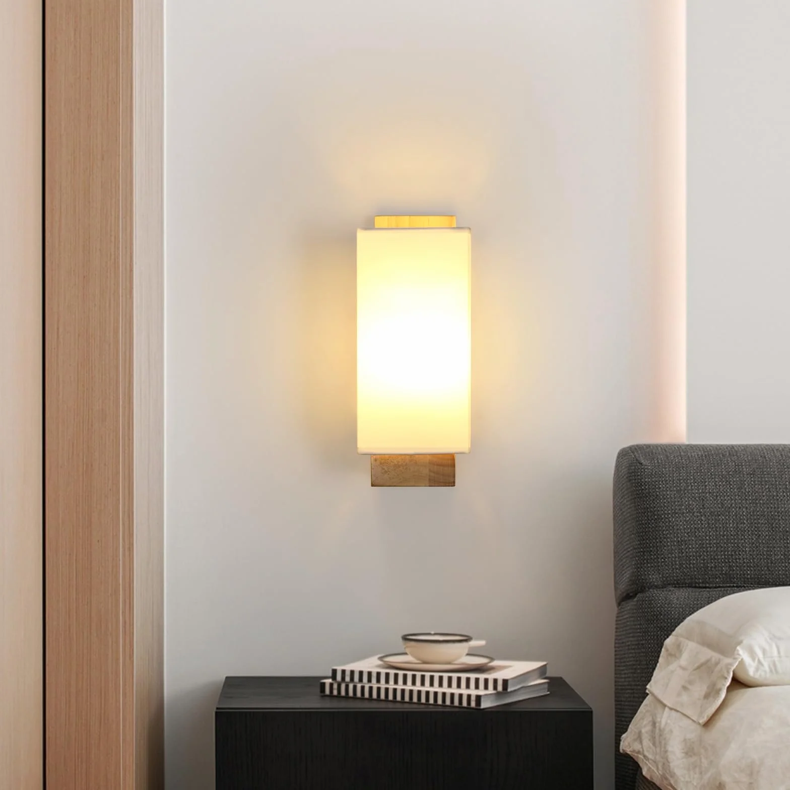 Comely Drewniany Kinkiet Wewnętrzny, Lampa Ścienna Z Kloszem Tkaninowym E27, Wewnętrzna Oprawa Ścienna Do Sypialni Korytarza Schodów Salonu, Prostokątny (Żarówka Nie Dołączona)