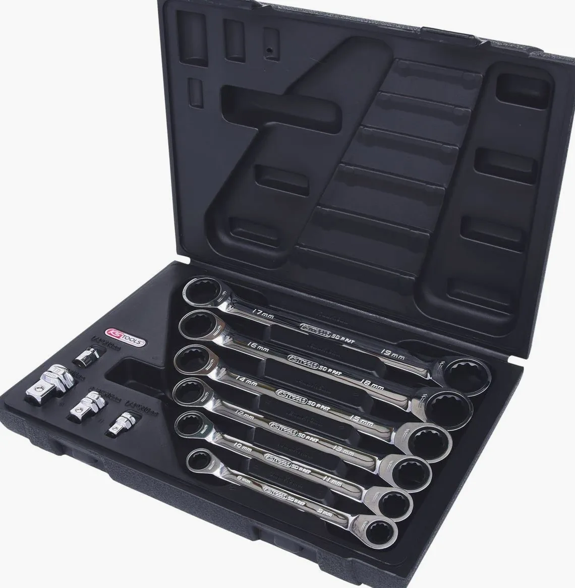 KS Tools 503.4560 GEAR+ Zestaw podwójnych kluczy oczkowych z grzechotka, 10szt 8x9-17x19mm z adapt