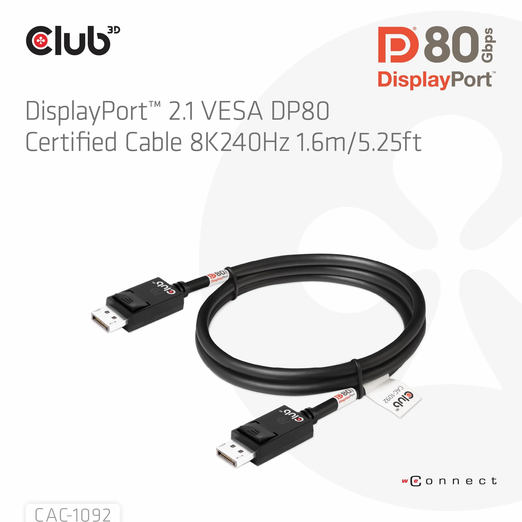 Club3D CAC-1092 DisplayPort 2.1 kabel dwukierunkowy VESA DP80 certyfikowany 4K240Hz 8K60Hz 10K60Hz M/M 1,6 m