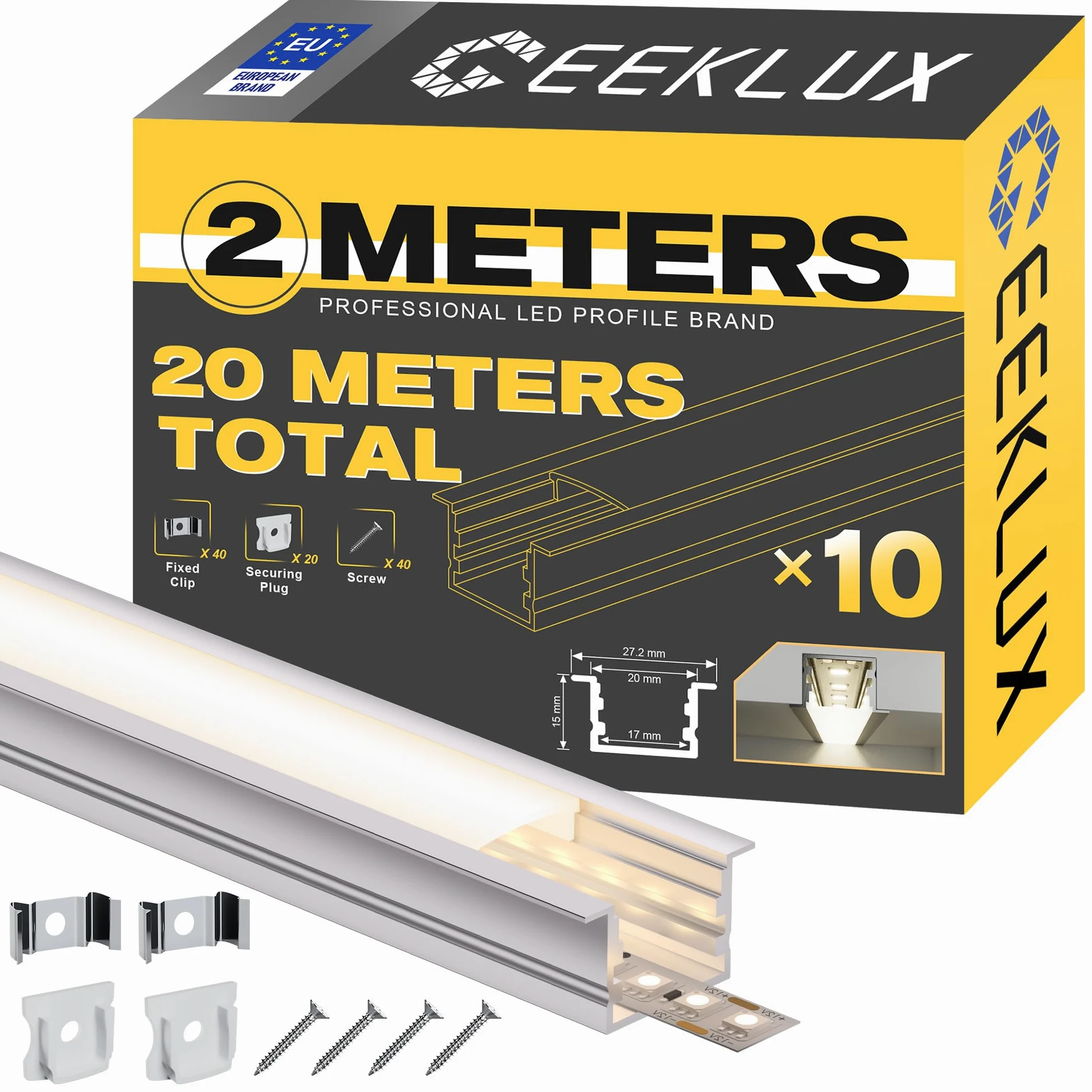 Profil aluminiowy do taśm LED 666 (20 × 15 mm kształt U (z krawędzią), 10 x 2 metry)