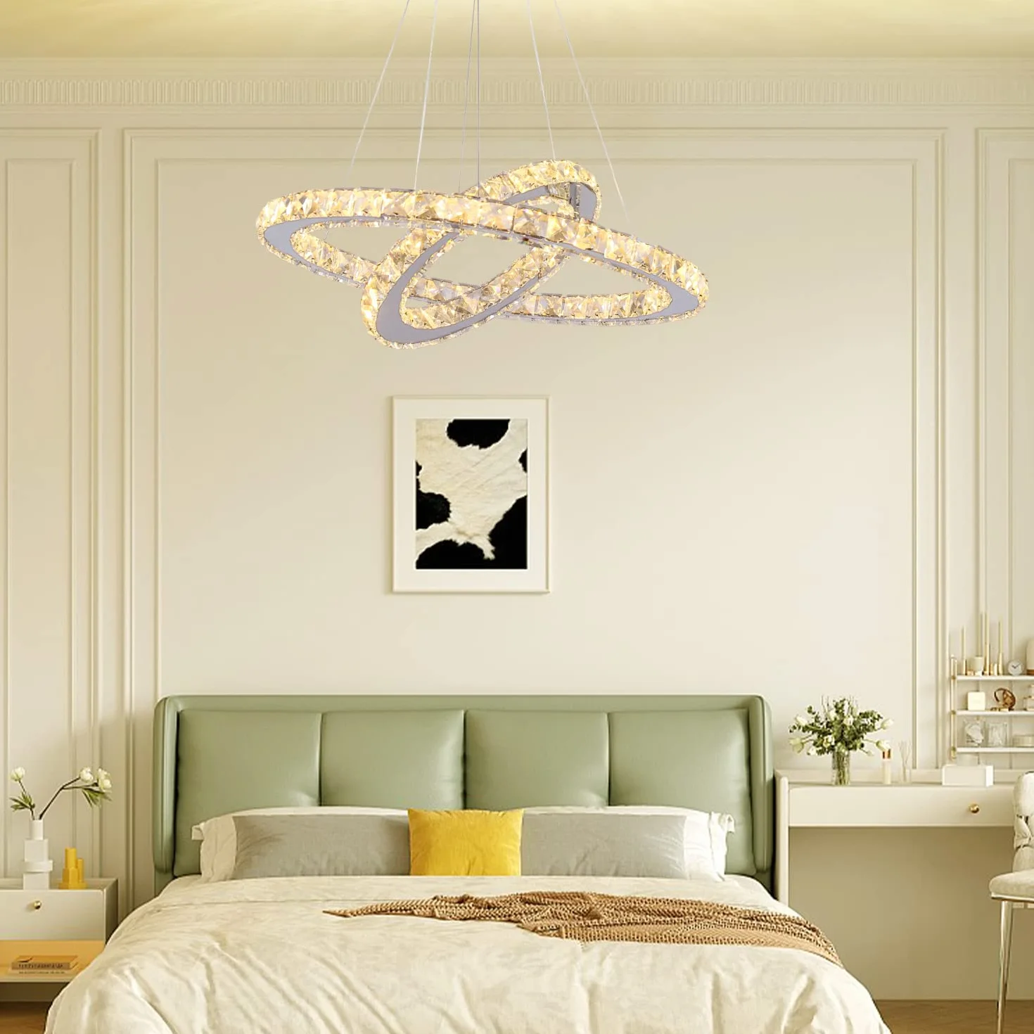 Finktonglan Kryształowy żyrandol LED, 2 pierścienie (Ø 30 i 50 cm), lampa wisząca z regulacją wysokości, ciepła biel 3000 K, 50 W LED, stal nierdzewna/kryształ K9, do salonu i jadalni