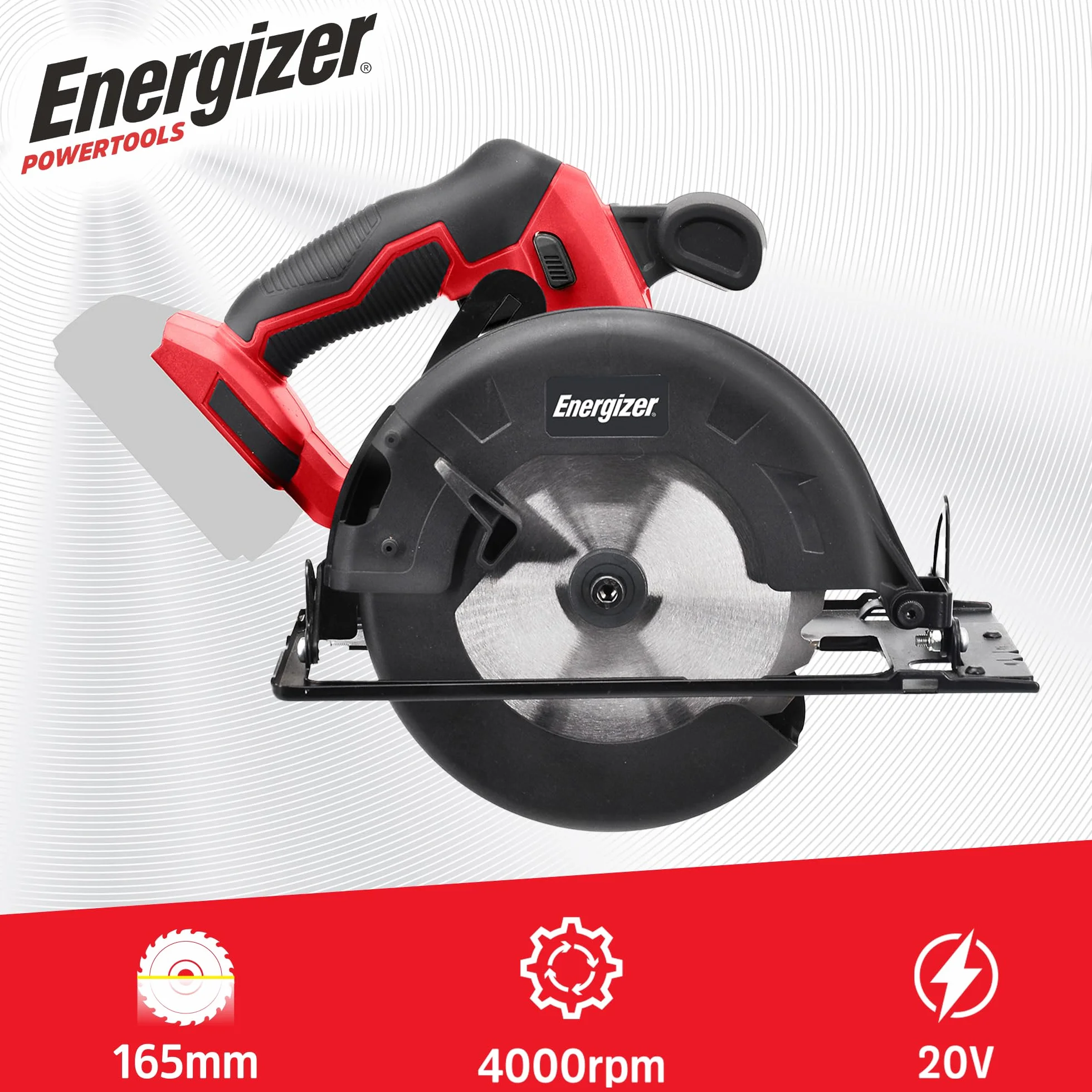 Energizer - akumulatorowa piła tarczowa 20 V (Baterie w zestawie) - 4000 RPM - ostrze 165 mm/cięcie do 45 mm (33 mm do 45°) - szyna ślizgowa + klucz zmiany biegów + ostrze do drewna w zestawie