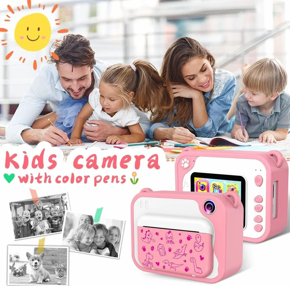 Aparat cyfrowy do natychmiastowego druku dla dzieci 2,4 cala 1080P ekran 32 GB karta SD, długopis 5 kolorów prezenty dla chłopców i dziewcząt