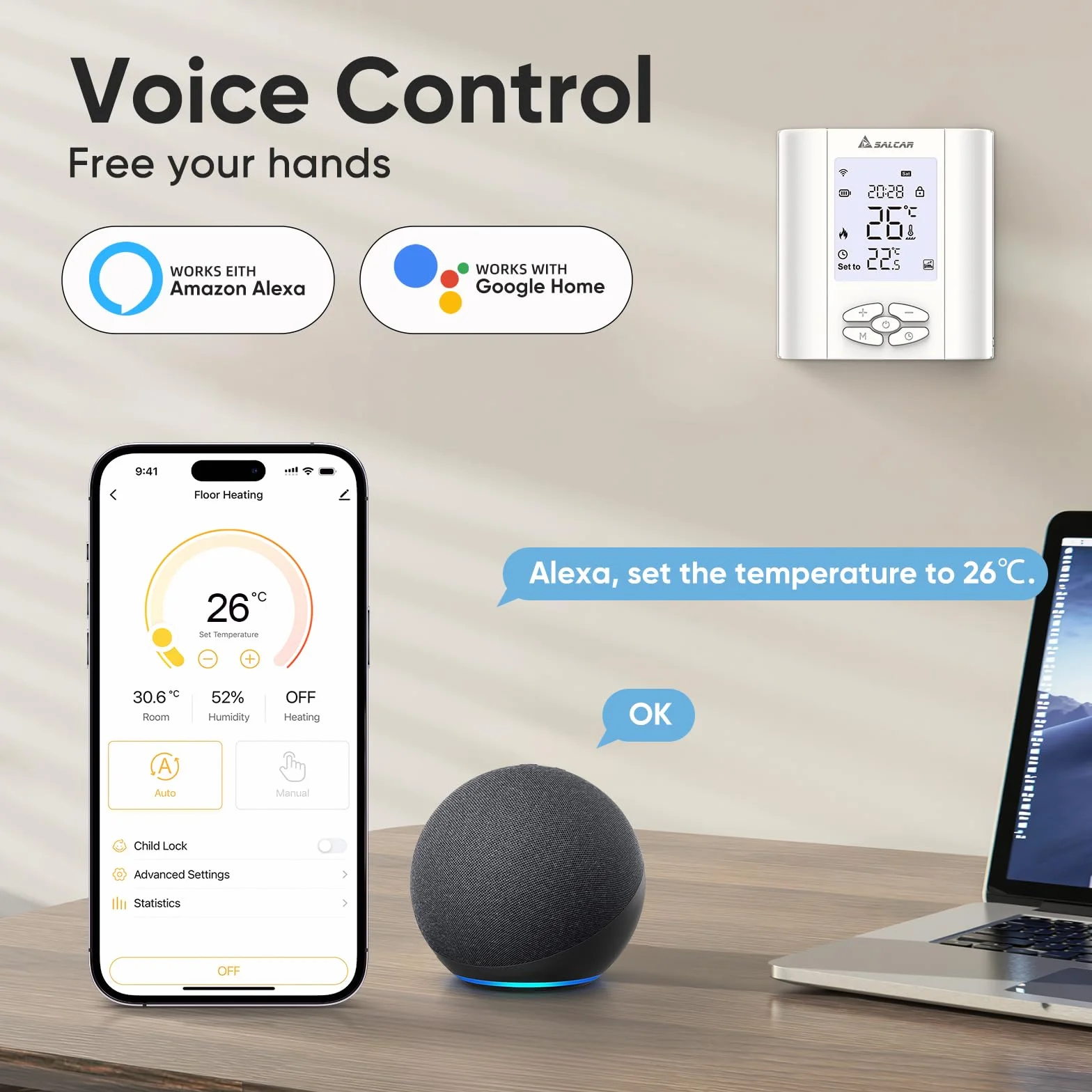 SALCAR Termostat sieciowy WiFi do kotła gazowego/ogrzewania podłogowego z wodą, programowalny z wilgotnością, kompatybilny z Amazon Alexa i Google Home, głowica termostatyczna Tuya