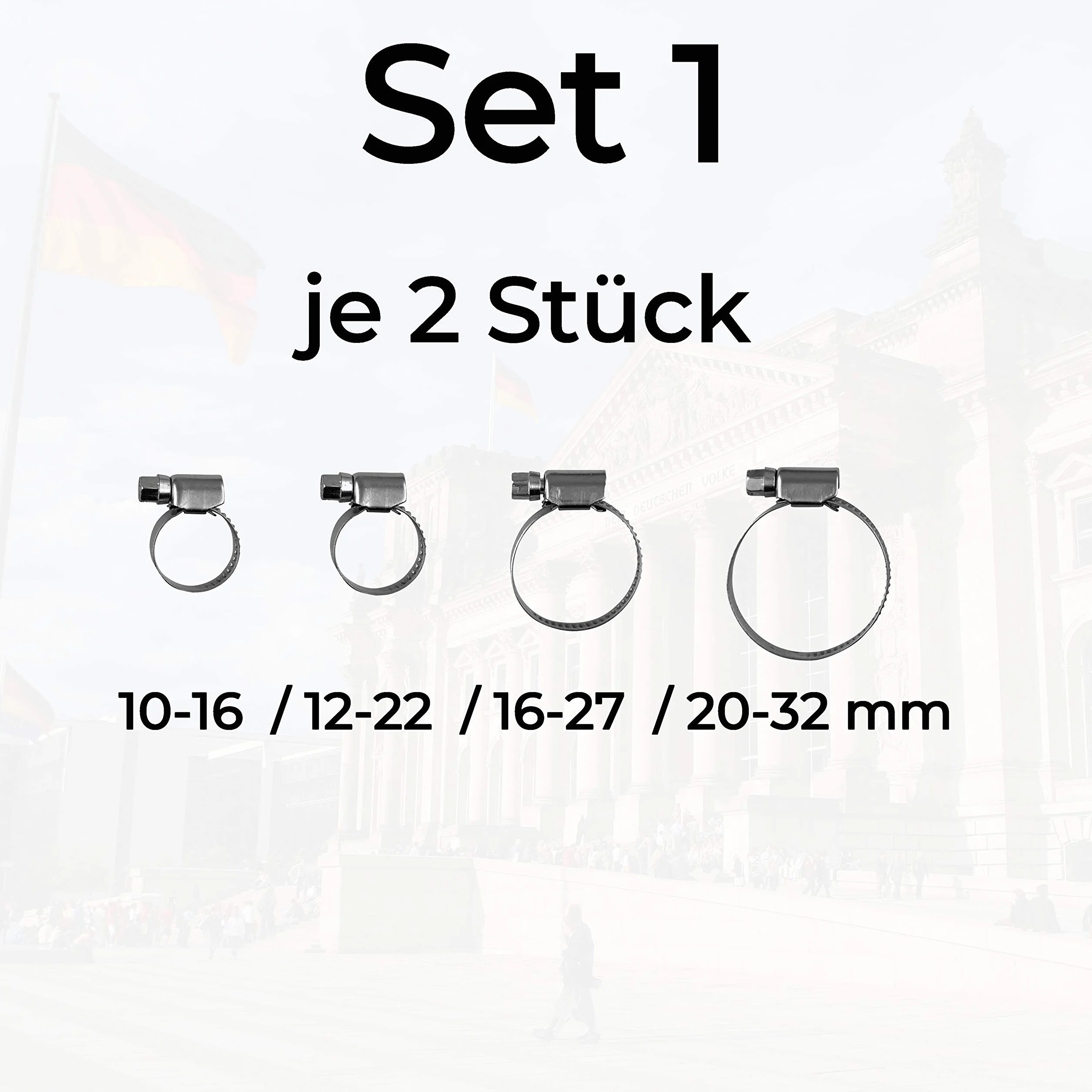 Zaciski do węża ze stali nierdzewnej, zakres mocowania 10-16/12-22/16-27/20-32 mm, szerokość paska 9 mm, stal nierdzewna V2A, zacisk do rur, asortyment DIN-3017 W4