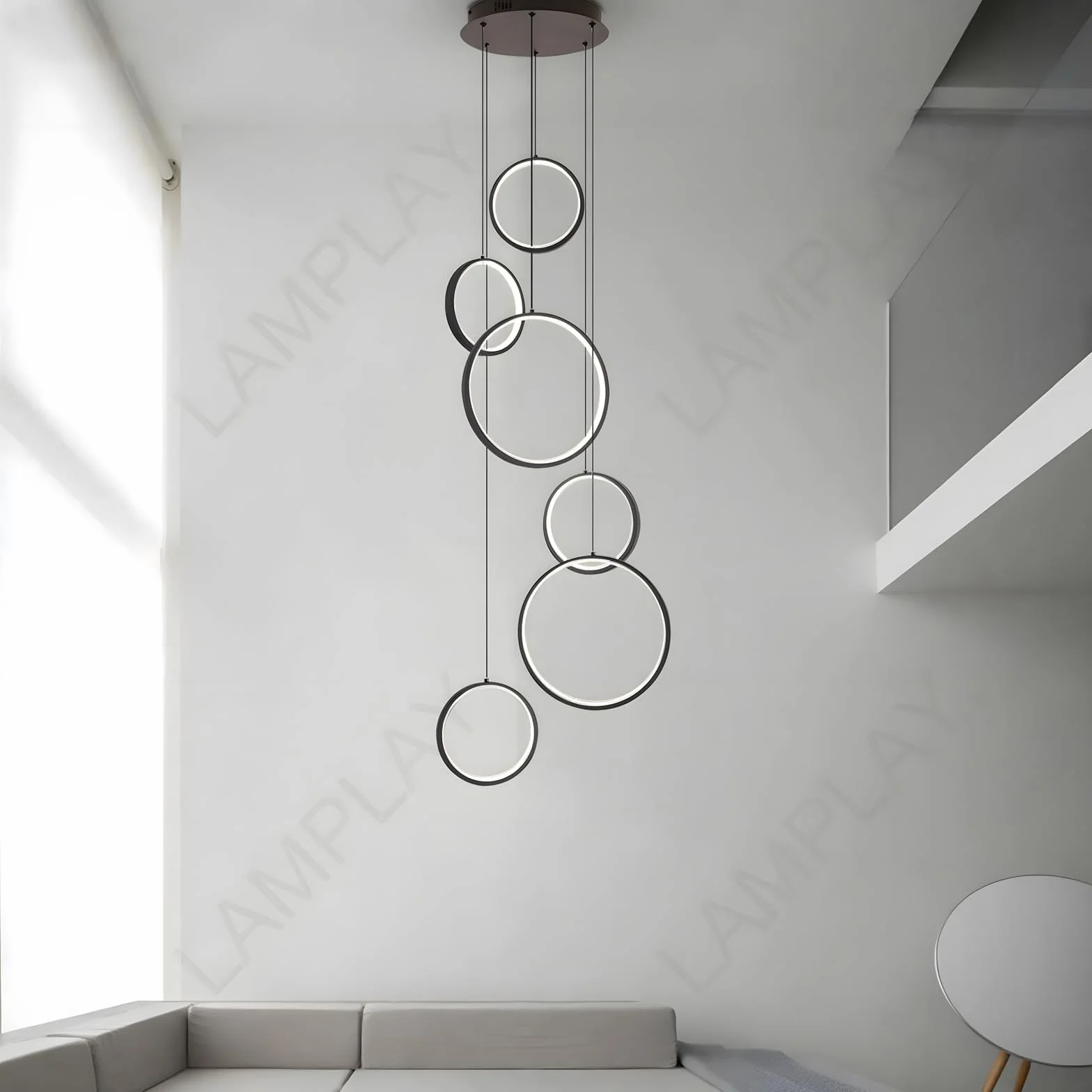 LED Długi Żyrandol Schodowy, Nowoczesna Lampa Na Wysoki Sufit Z 6 Czarnymi Pierścieniami, Lampa Wisząca DIY Z Regulacją Wysokości, Ściemniana Za Pomocą Pilota 3000K-6000K, Schody, Willa