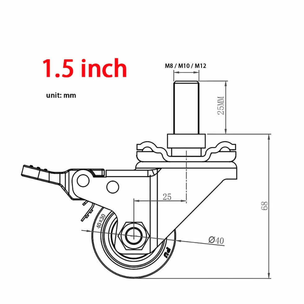 Wytrzymałe kółka przemysłowe 1,5" i 5" (40 mm i 50 mm) gwintowane koła obrotowe M8/M10/M12 z hamulcami, podwójne łożysko, nośność 250-300 kg, idealne do mebli i wyposażenia