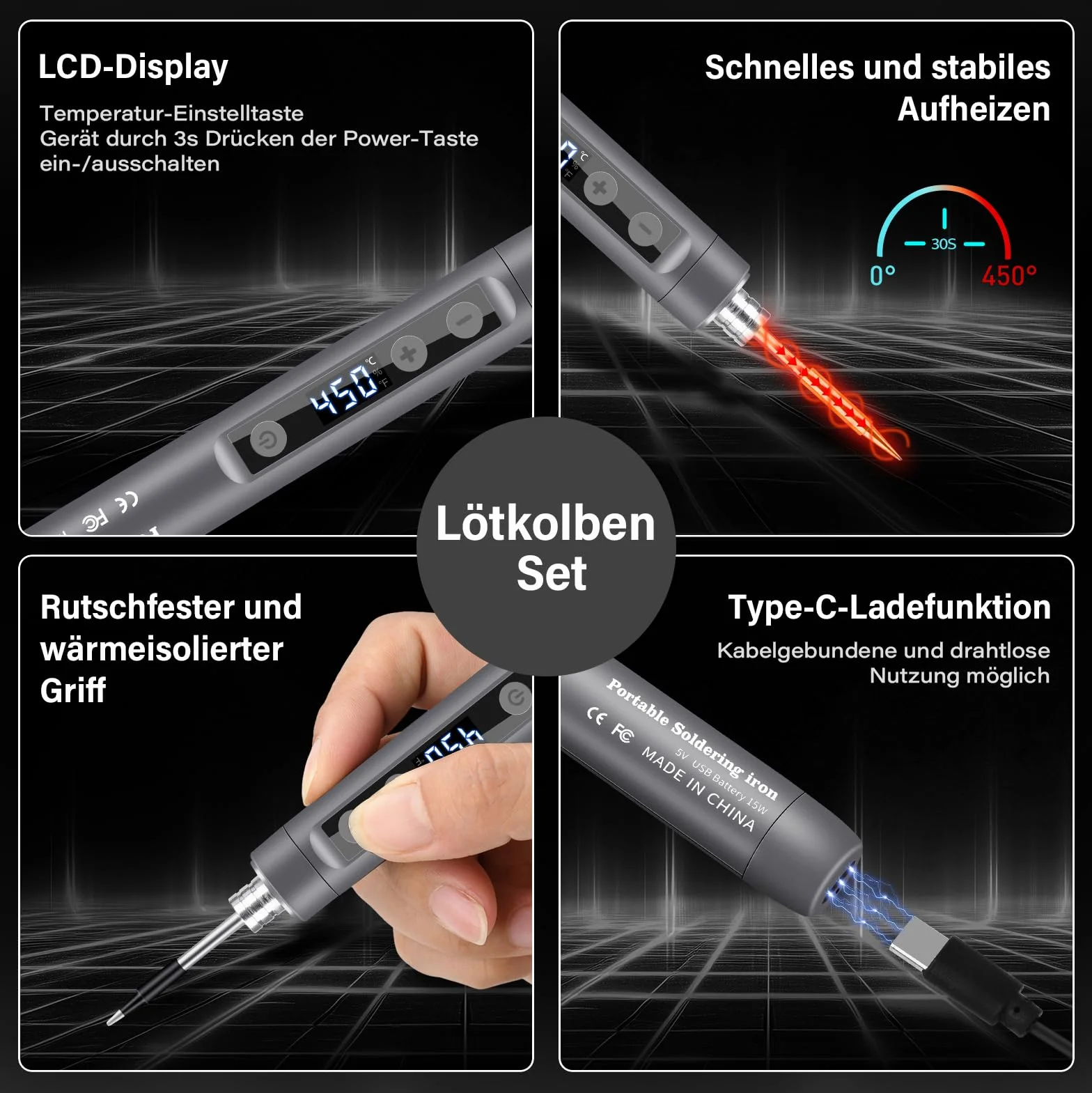Bezprzewodowy przenośny zestaw lutownic ze stojakiem, lutownica USB z LCD, regulowana temperatura 180-450°C, 3 końcówki lutownicze, do naprawy płytek drukowanych, naprawy spawania, szara