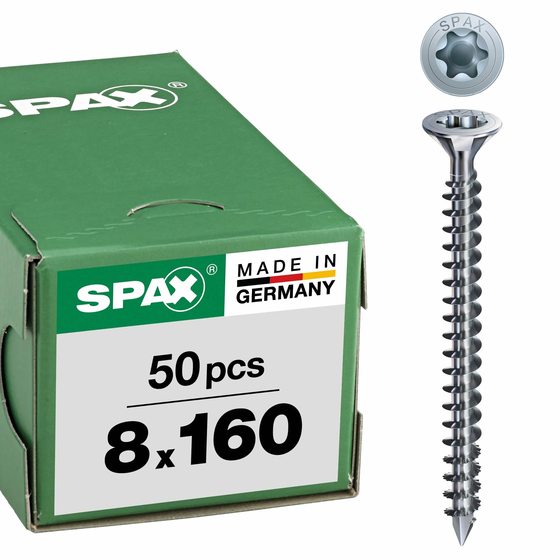 SPAX Wkręty do drewna, 8,0 x 160 mm, 50 sztuk, T-STAR plus, łeb stożkowy z rowkiem, pełny gwint, szpic CUT, WIROX A3J, 12010801605