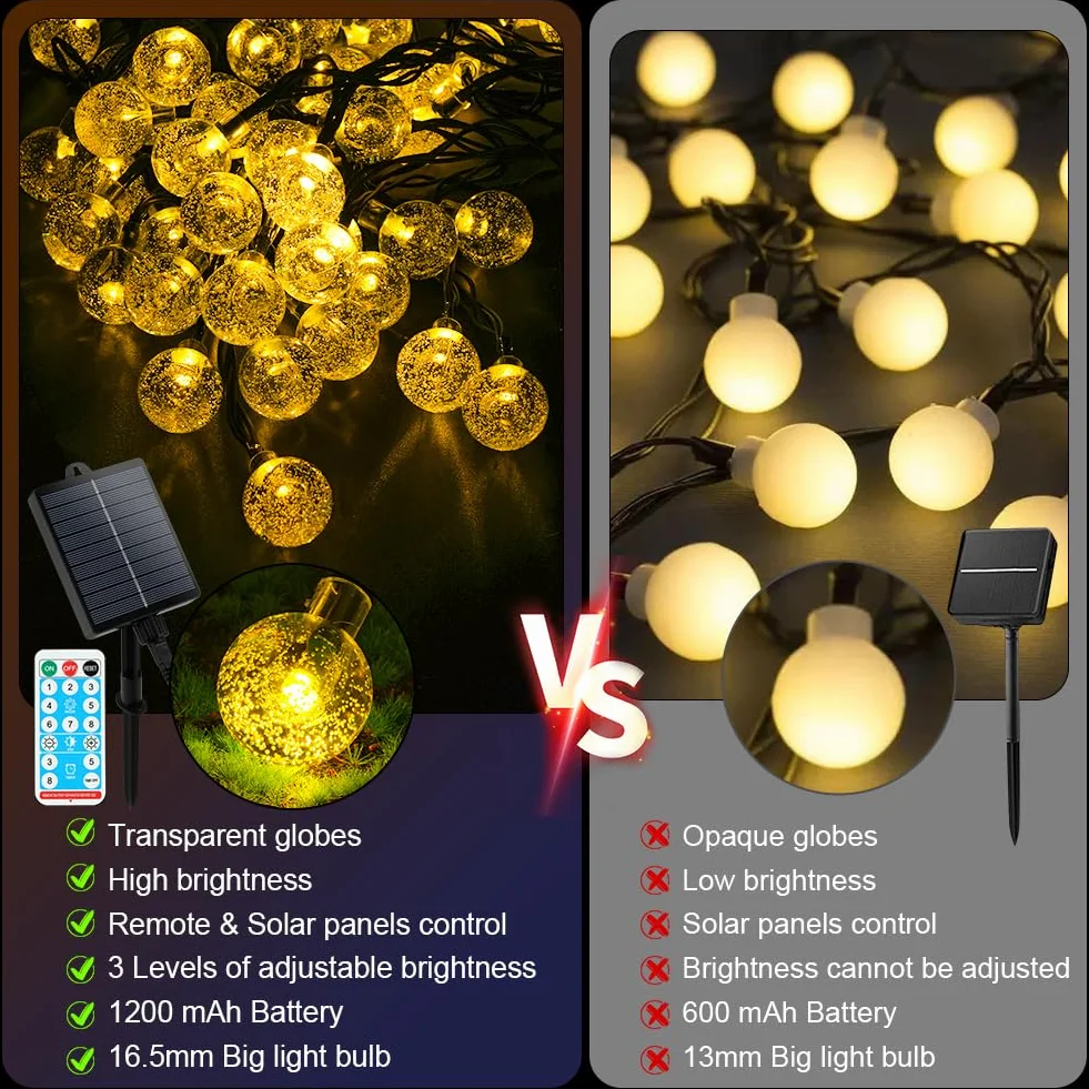 AUAUY solarny łańcuch świetlny na zewnątrz, odporny na warunki atmosferyczne, 7 m, 50 diod LED, 8 trybów pracy, IP65, solarny łańcuch świetlny z kryształowymi kulkami, na zewnątrz/do wnętrz